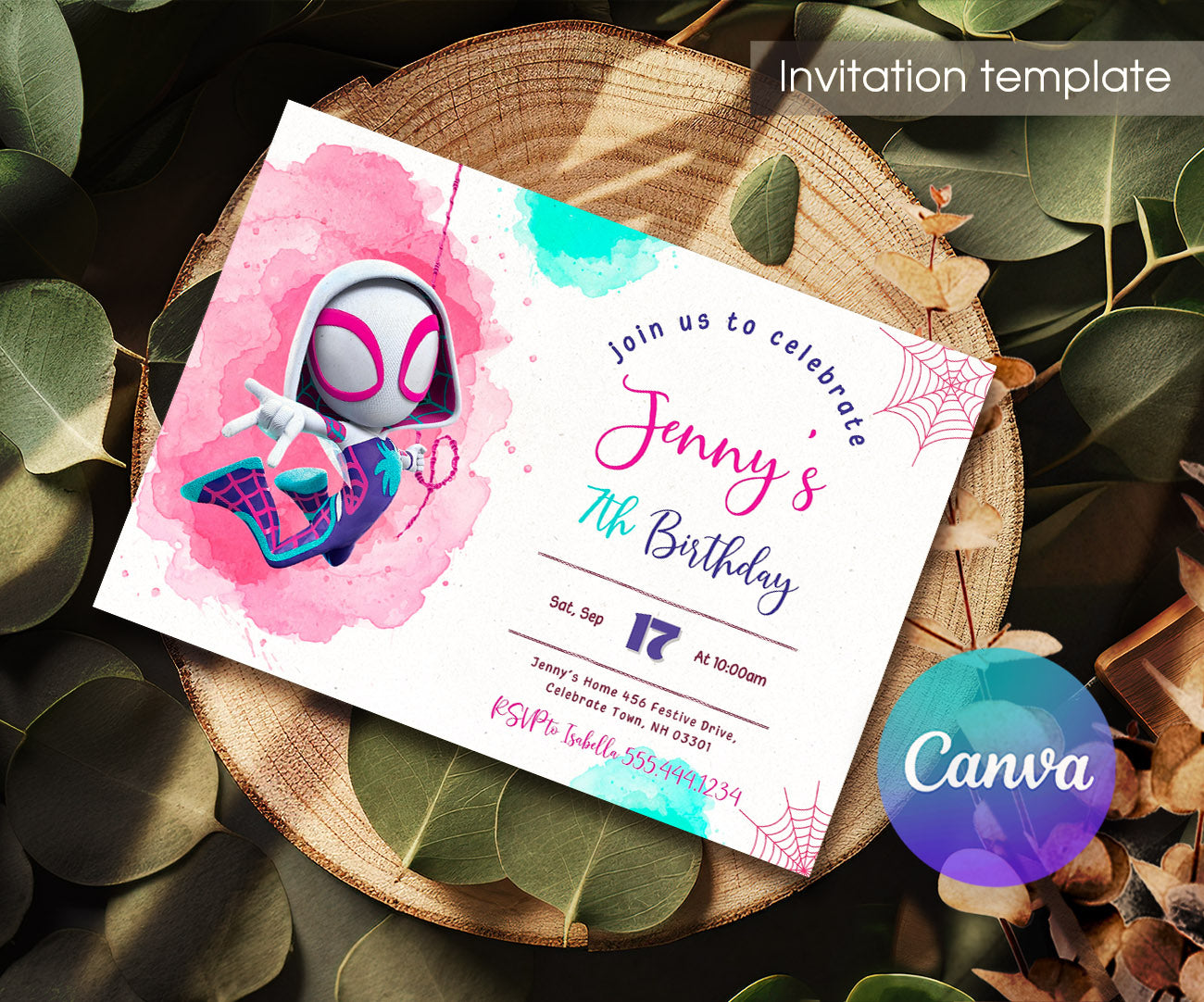 Spider Gwen Ghost Spidey customizable invitation template | Share or Print | girl | NQ146