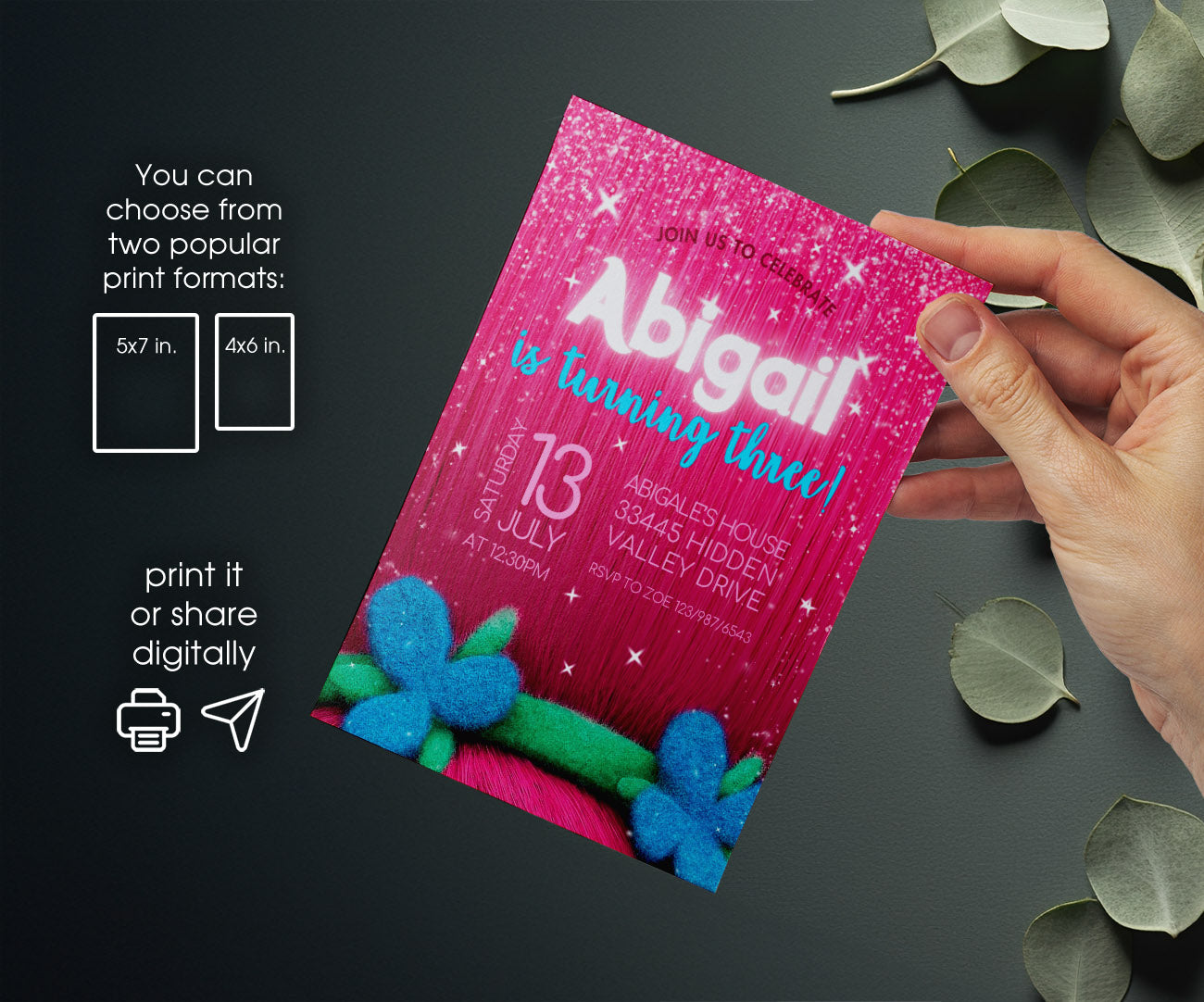 Trolls Poppy customizable invitation template | Share or Print | JN738