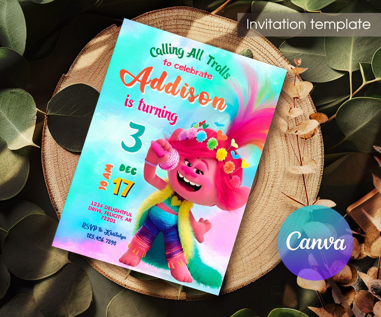 Trolls Poppy customizable invitation template | Share or Print | MC710