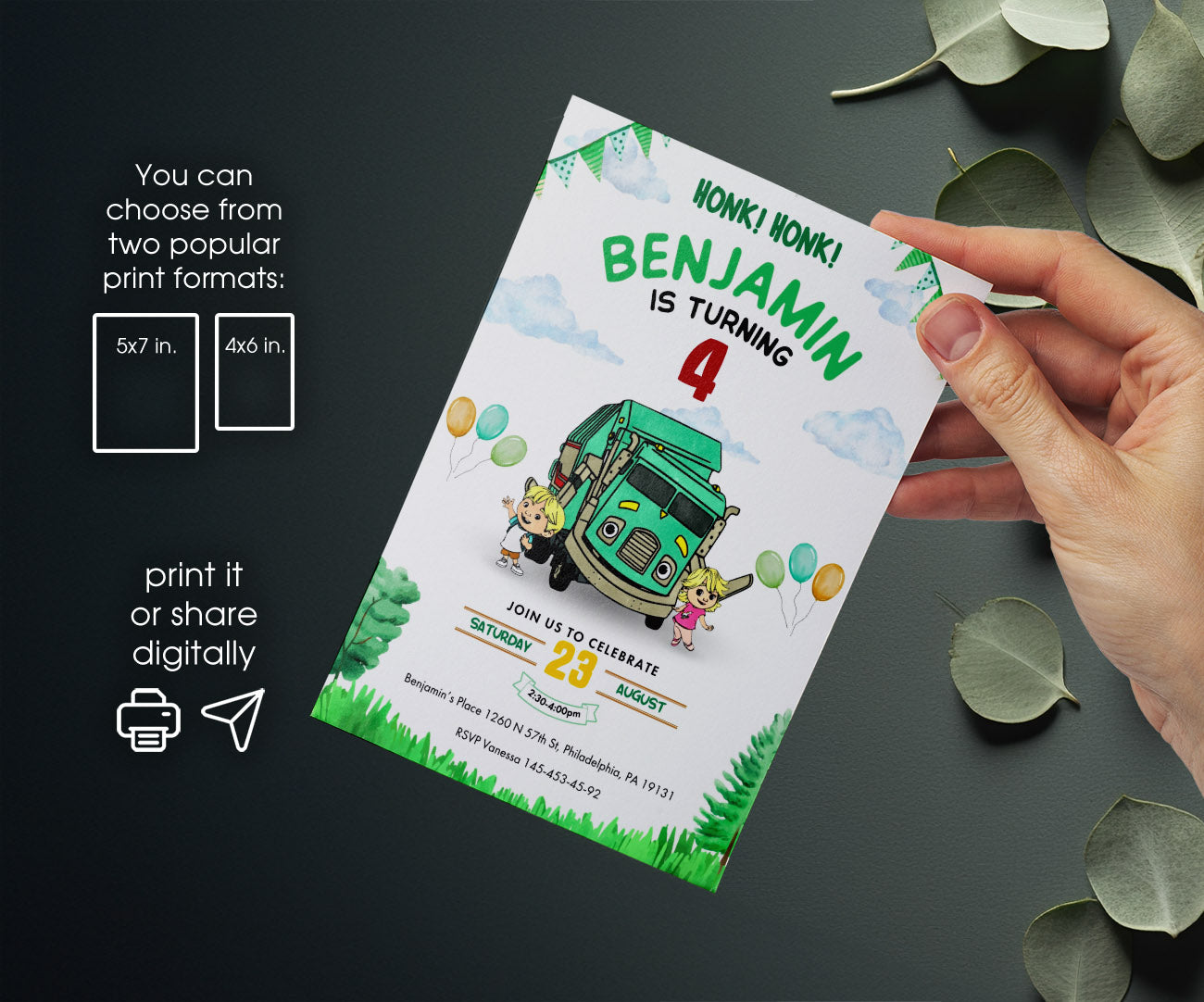 Trash Green Truck customizable invitation template | Share or Print | ZG107