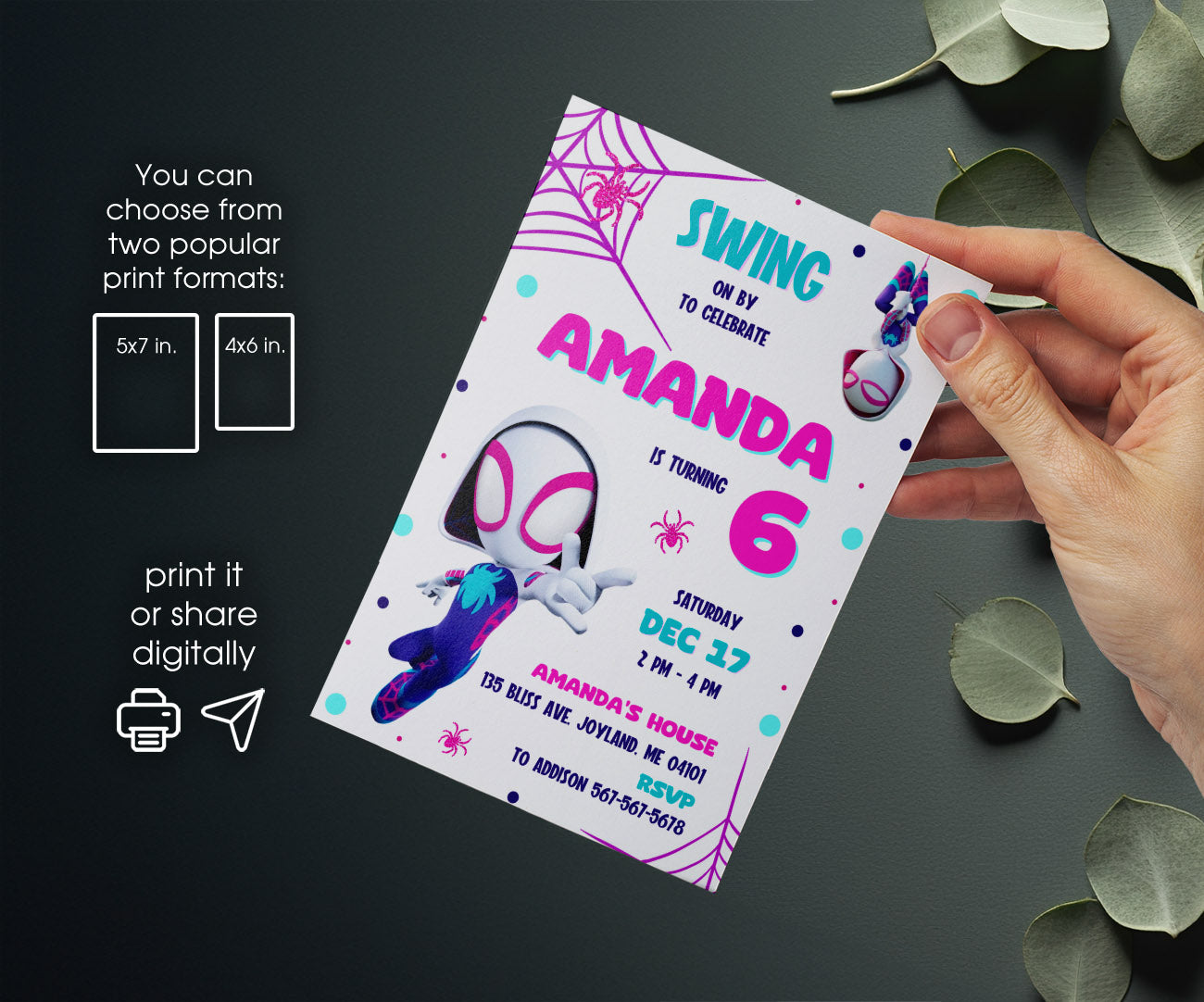 Spider Gwen Ghost Spidey customizable invitation template | Share or Print | girl | DL952