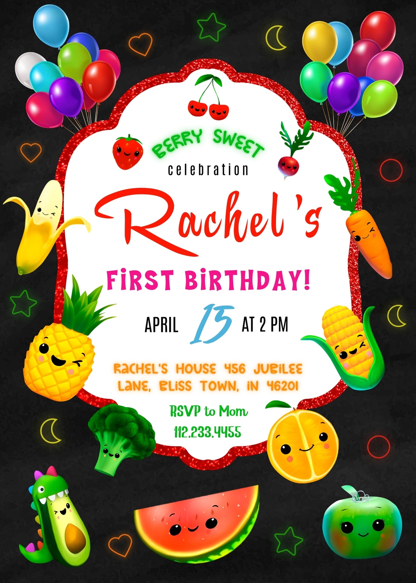 Hey Bear Sensory Dancing Fruits customizable invitation template | Share or Print | ZS009