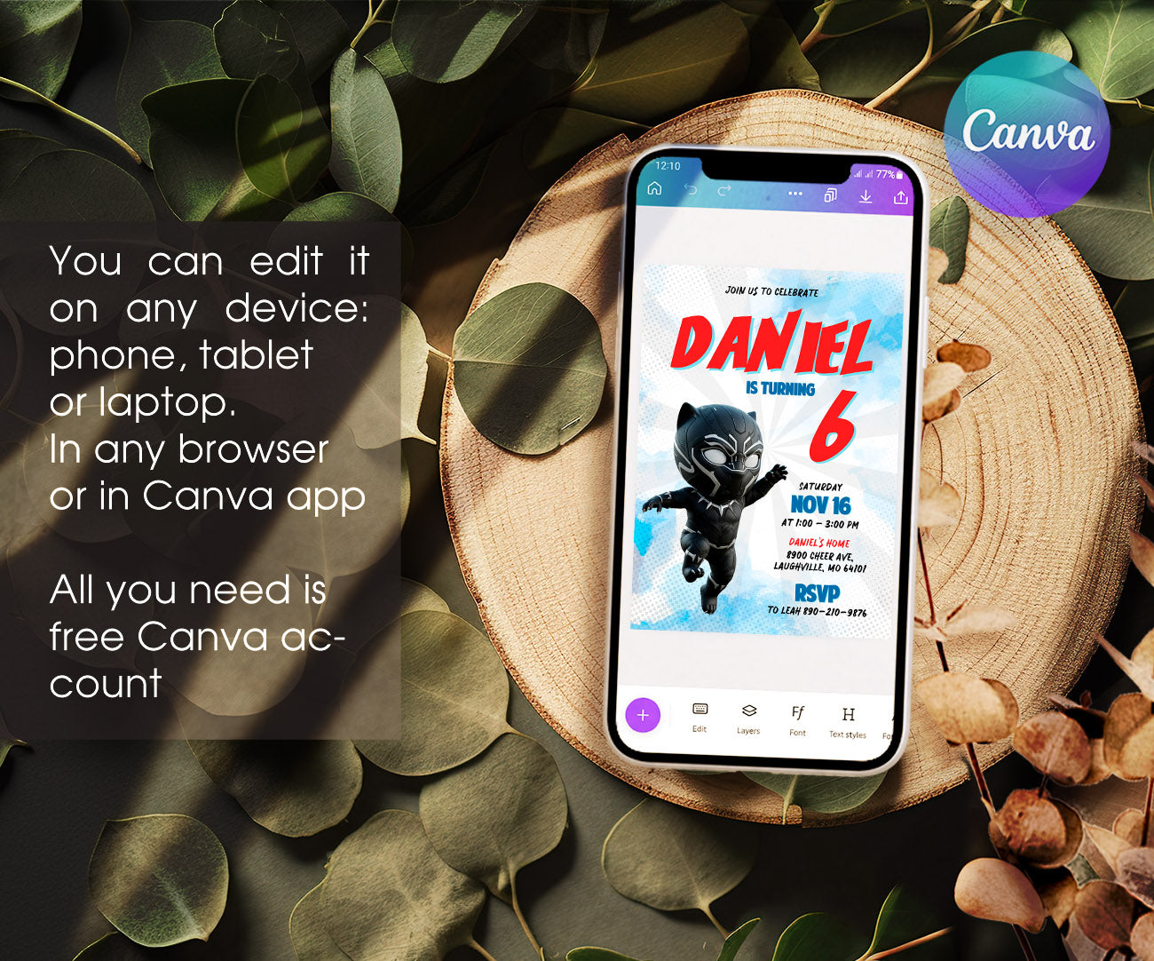 Black Panther Superhero Marvel customizable invitation template | Share or Print | boy | QO473