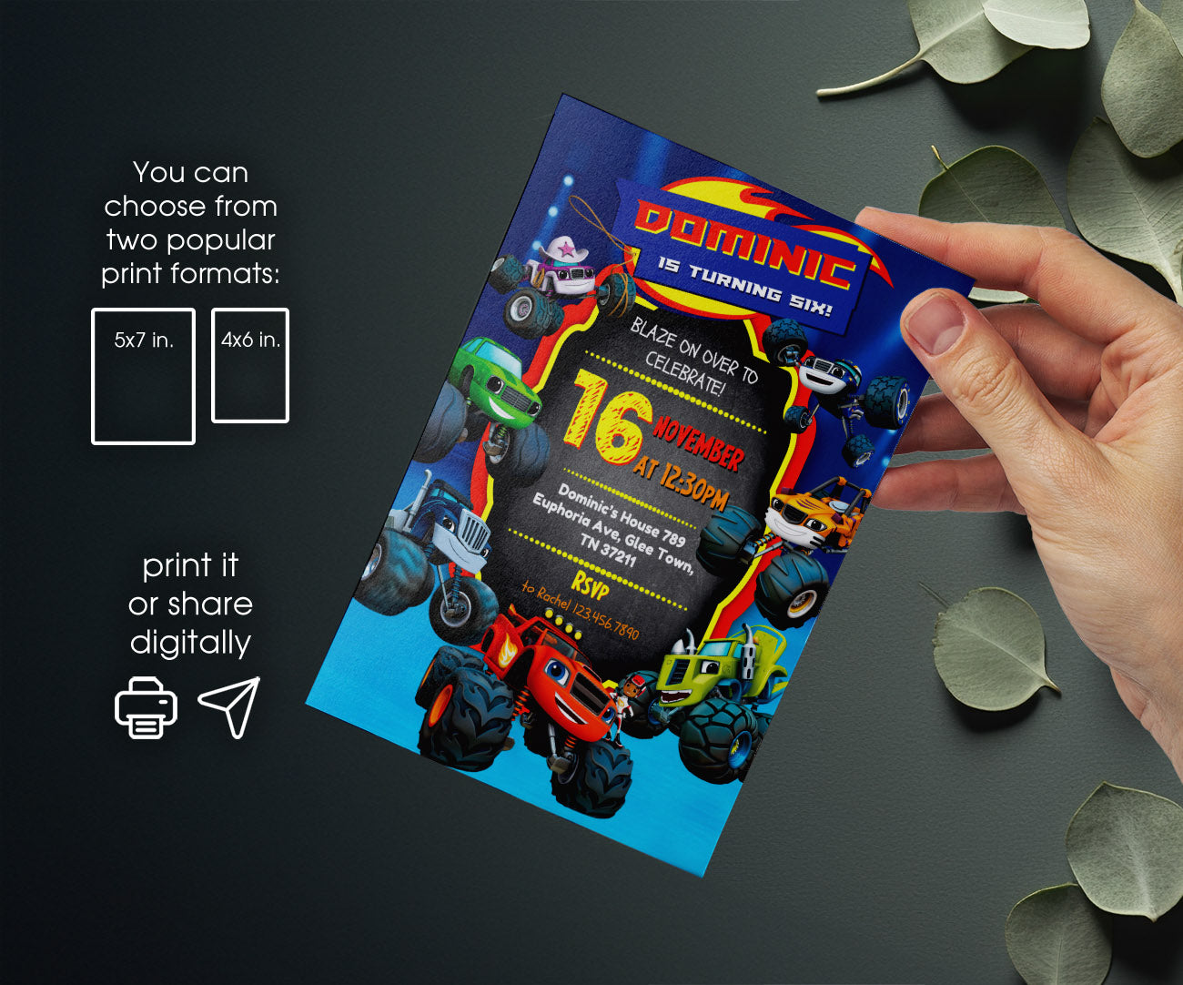 Blaze Monster Machines Trucks customizable invitation template | Share or Print | boy | FE889