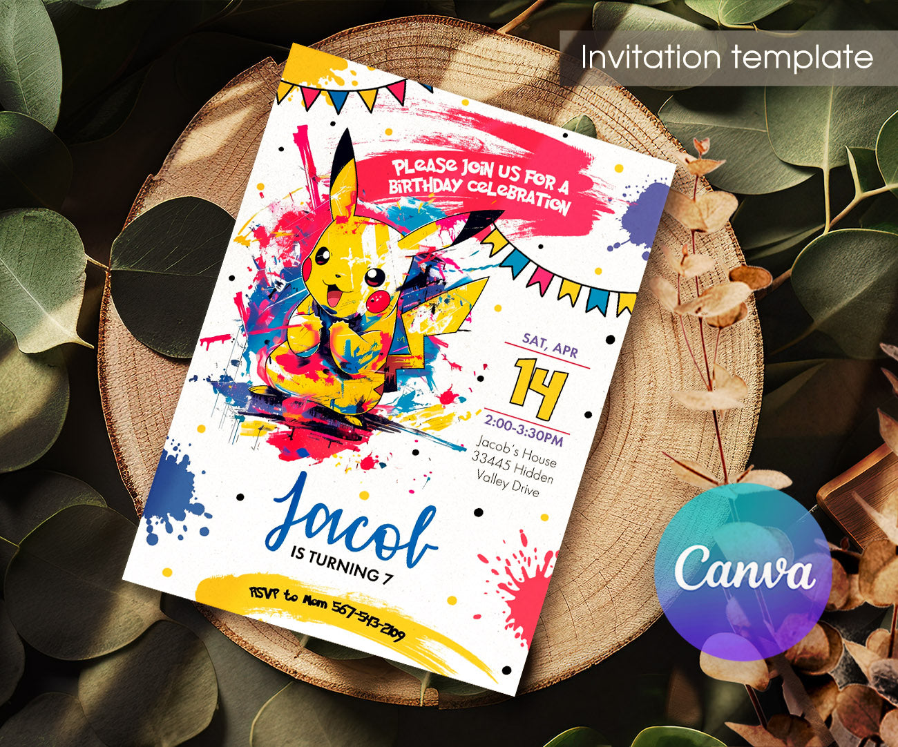Pokemon Pikachu customizable invitation template | Share or Print | AO490