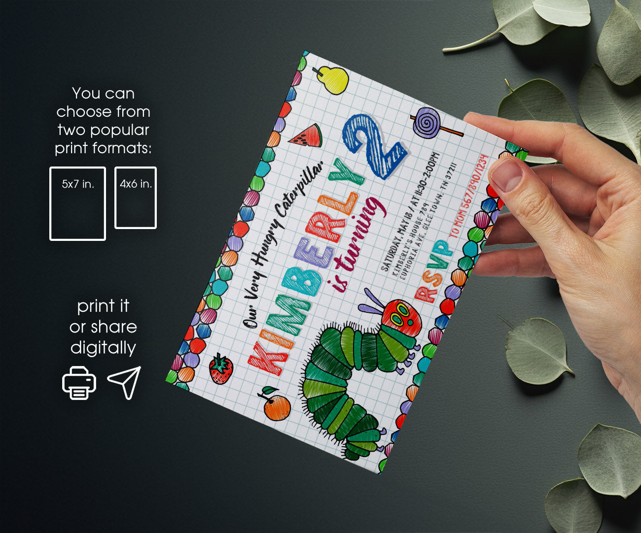 Very Hungry Caterpillar customizable invitation template | Share or Print | GA366