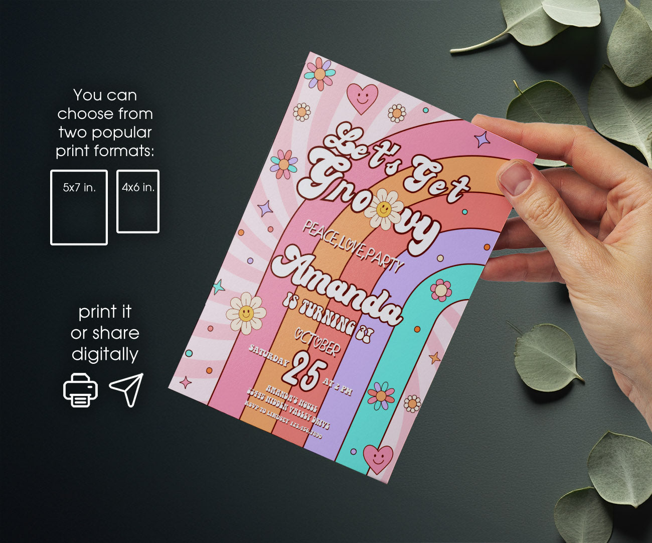 Groovy Daisy Hippie customizable invitation template | Share or Print | NL457