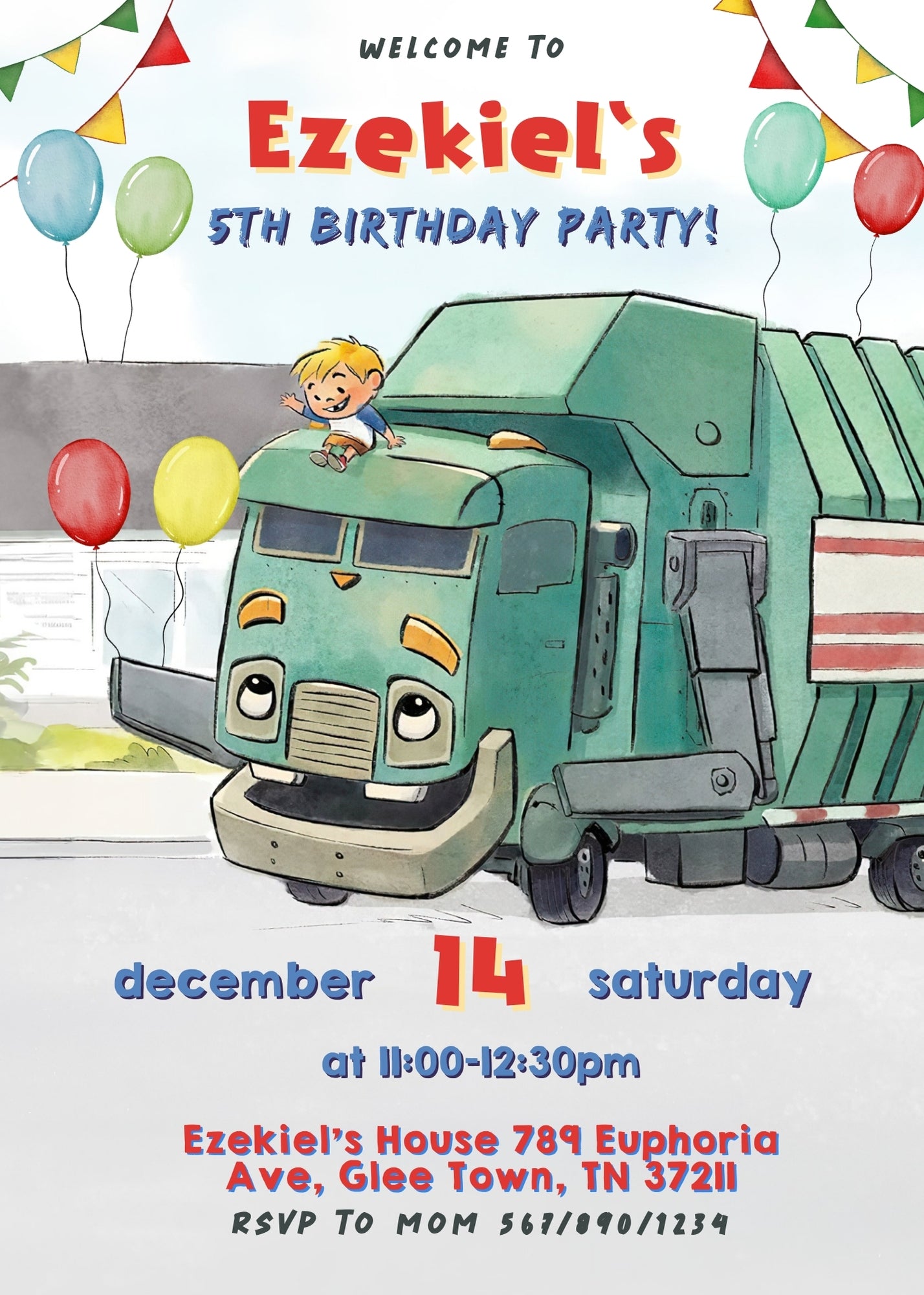 Trash Green Truck customizable invitation template | Share or Print | TQ029