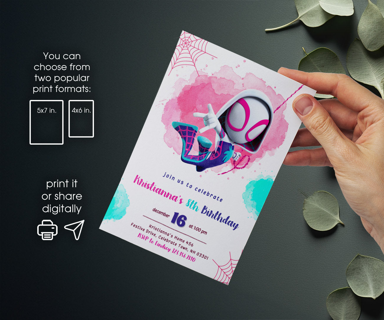 Spider Gwen Ghost Spidey customizable invitation template | Share or Print | girl | ON230