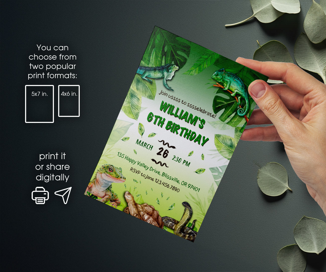 Reptile Lizard Snake customizable invitation template | Share or Print | JW229