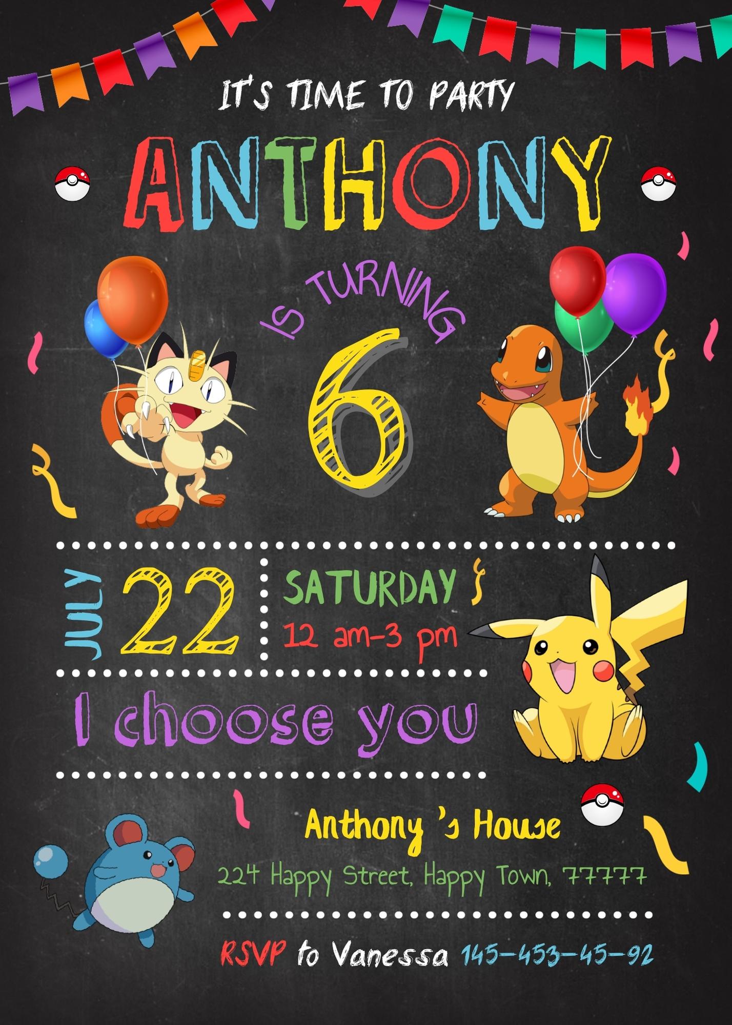 Pokemon Pikachu customizable invitation template | Share or Print | CE309