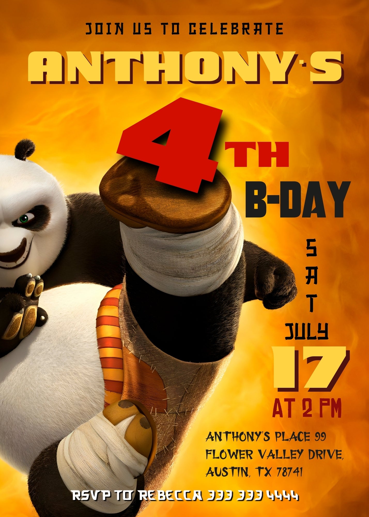 Kung Fu Panda Po customizable invitation template | Share or Print | LV012
