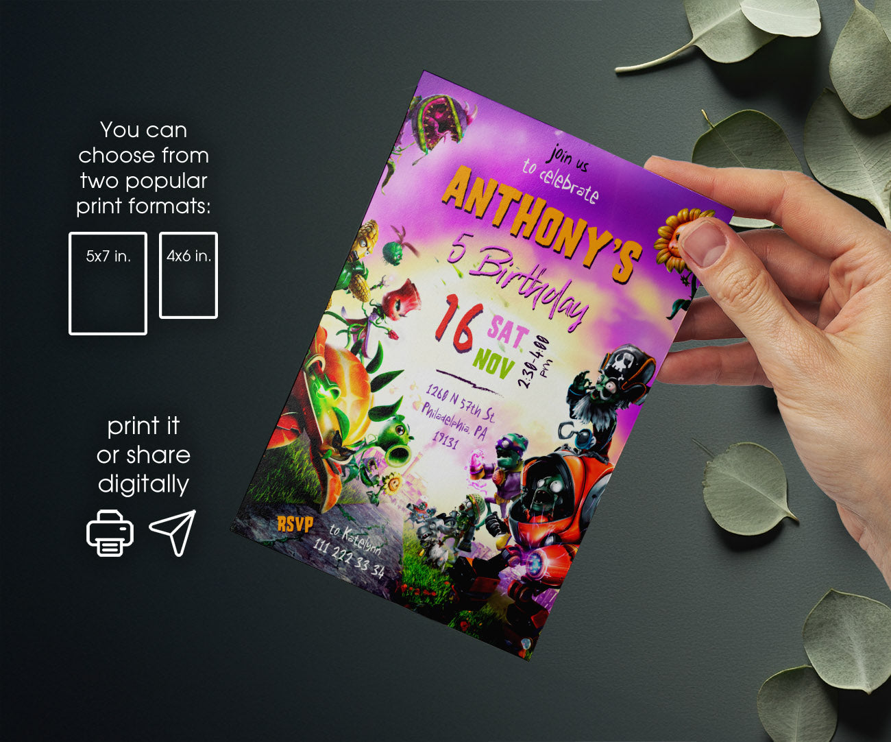 Plants vs Zombies Gamer customizable invitation template | Share or Print | MO502