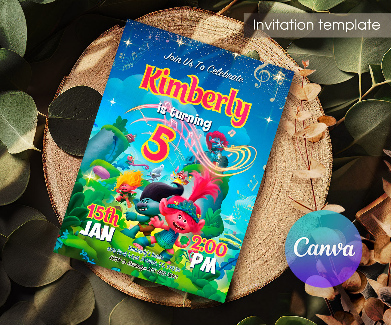 Trolls Poppy customizable invitation template | Share or Print | BW099