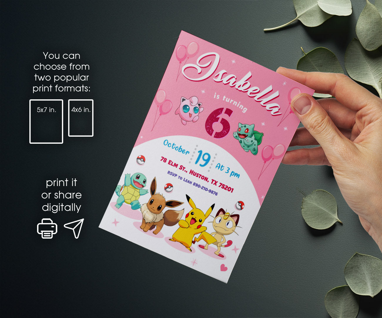Pokemon Pikachu customizable invitation template | Share or Print | NZ398