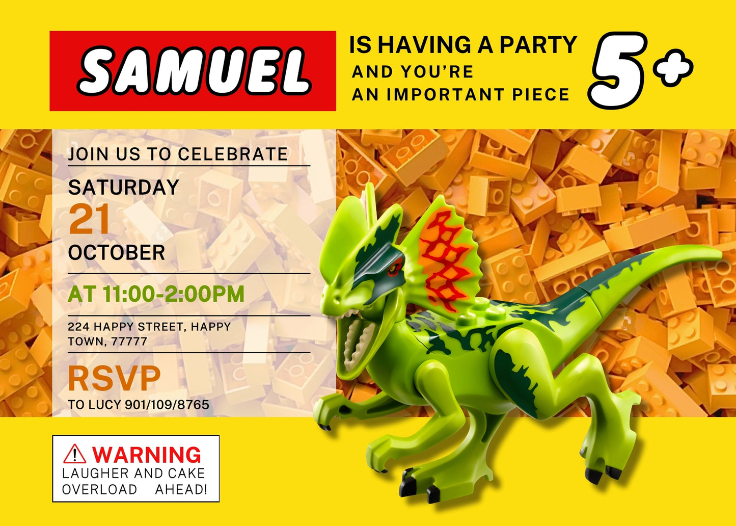 Lego Dinosaur T-Rex customizable invitation template | Share or Print | JU069