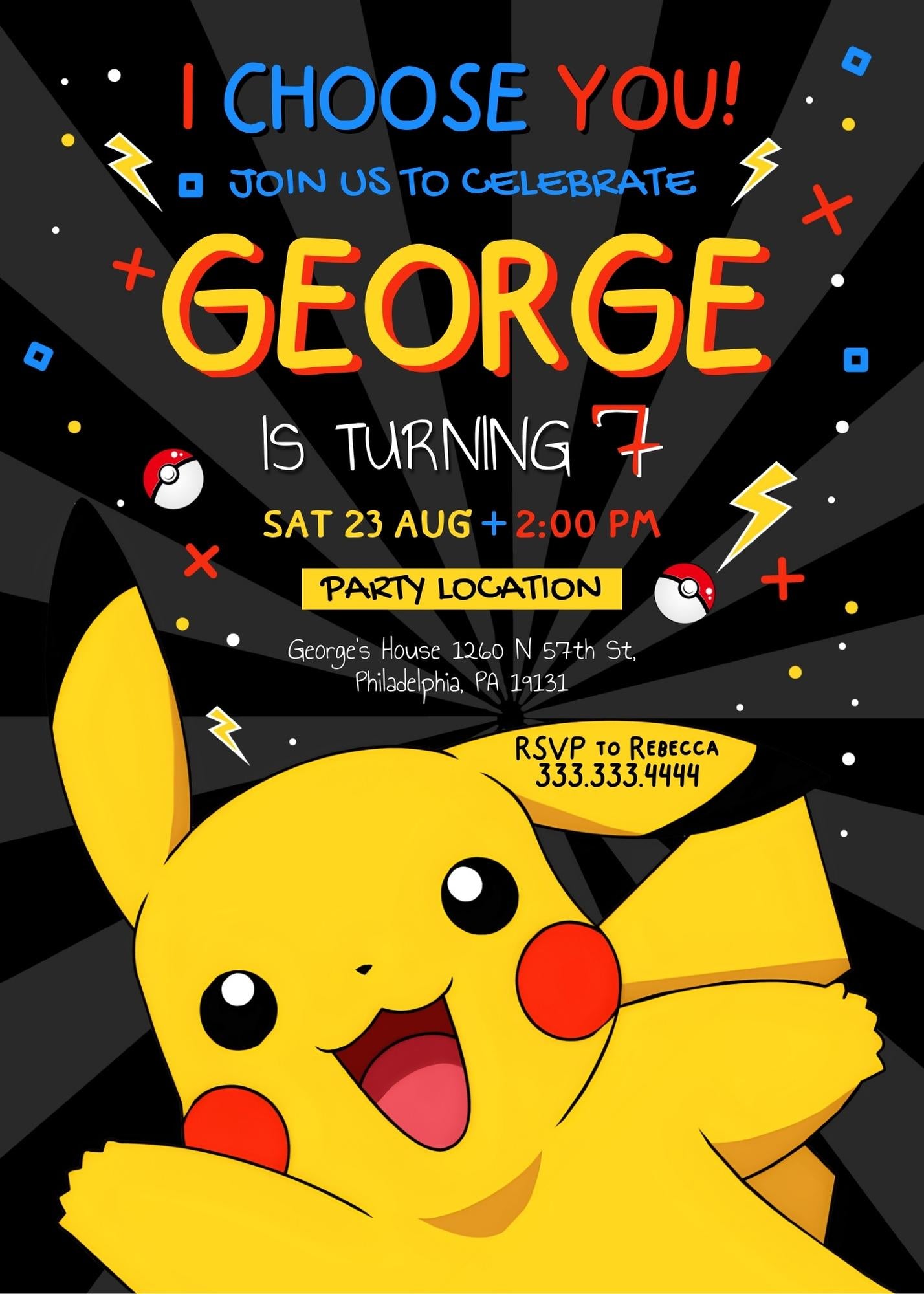 Pokemon Pikachu customizable invitation template | Share or Print | NU383