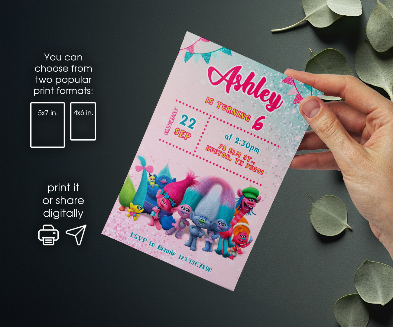 Trolls Poppy customizable invitation template | Share or Print | MB319