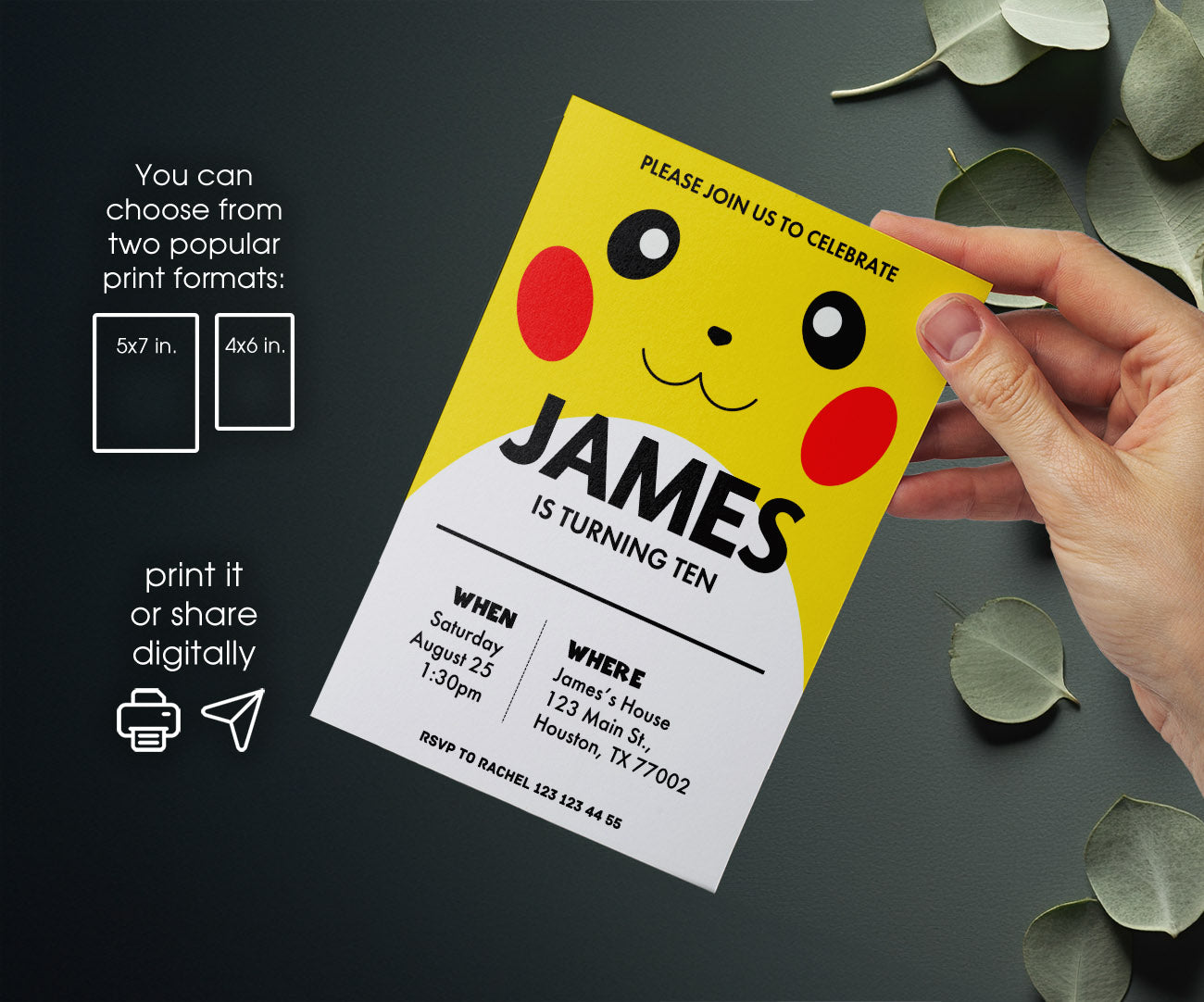 Pokemon Pikachu customizable invitation template | Share or Print | JE879