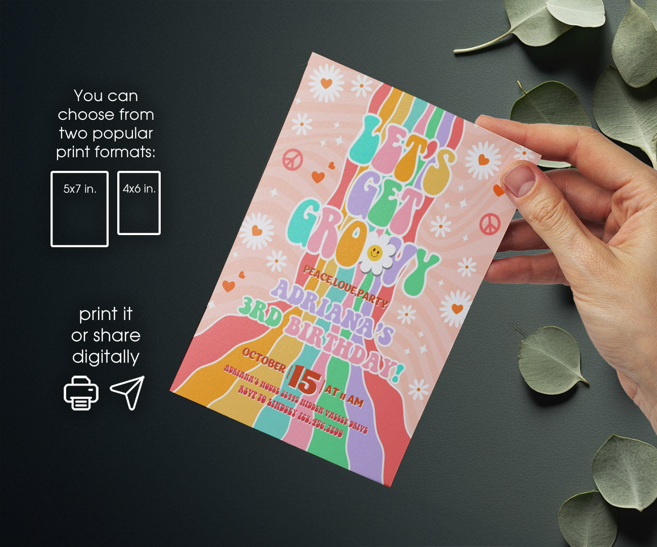 Groovy Daisy Hippie customizable invitation template | Share or Print | DK037