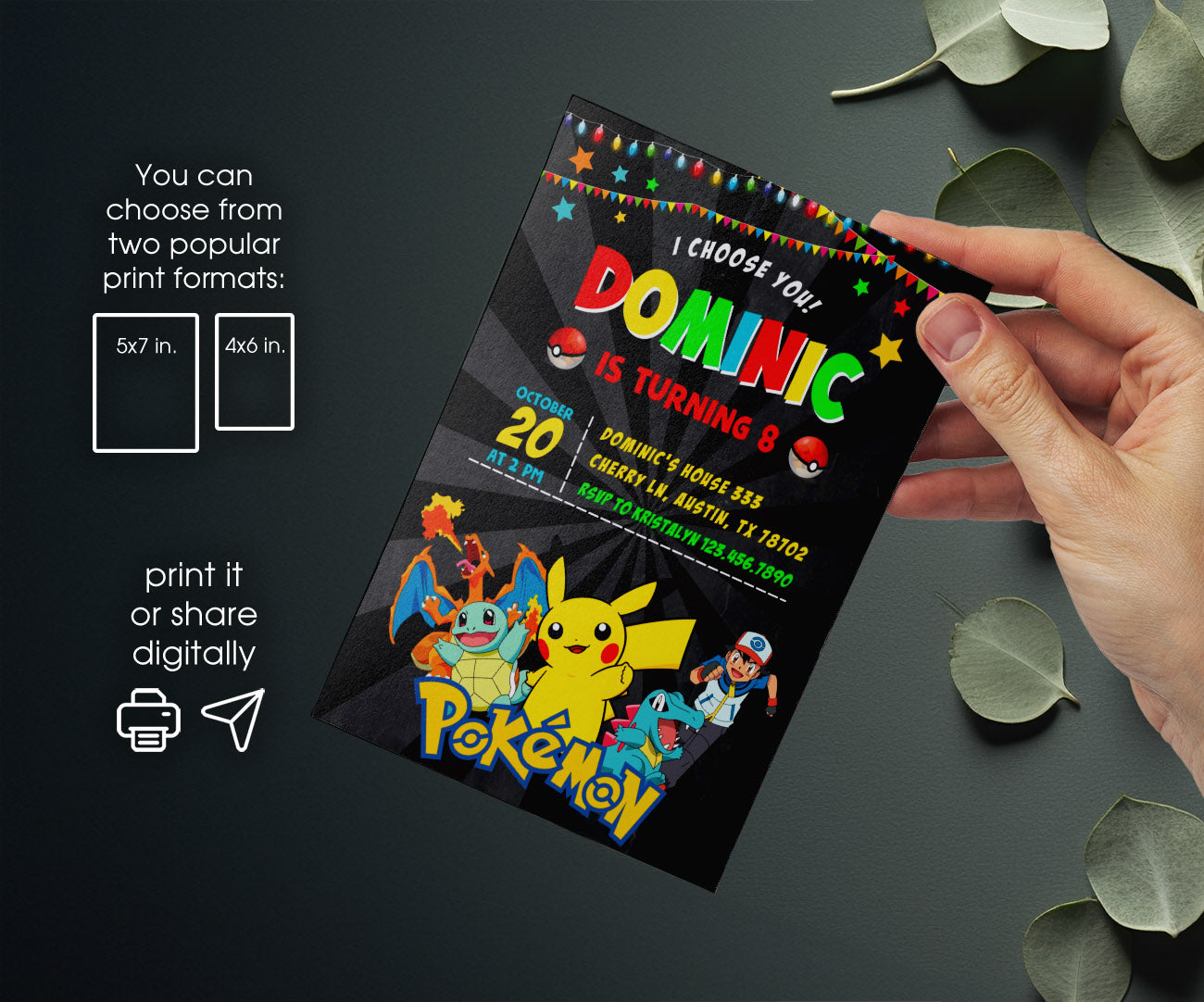 Pokemon Pikachu customizable invitation template | Share or Print | RW979
