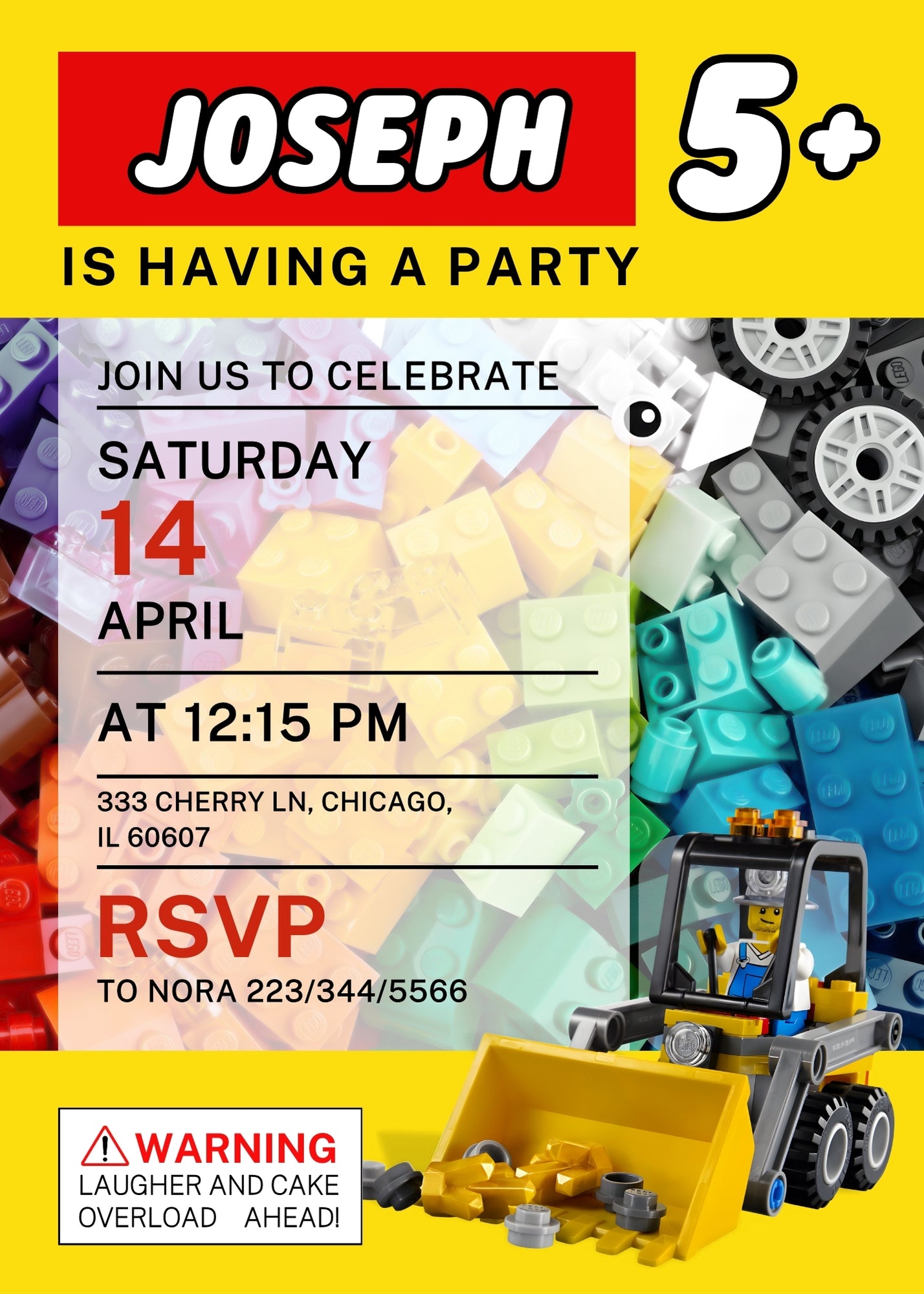 Lego Excavator customizable invitation template | Share or Print | boy | SL620