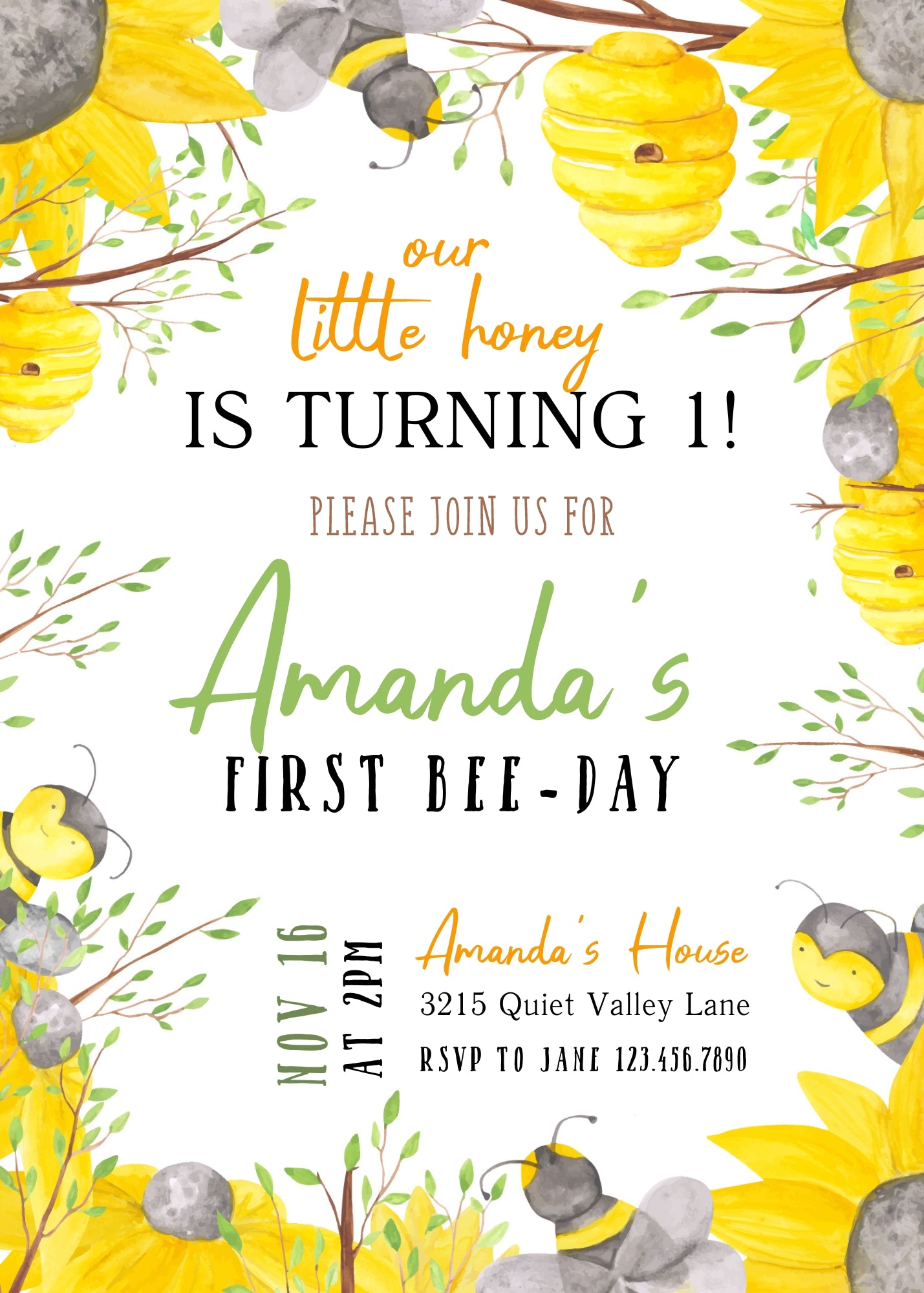 1st Bee Day Party customizable invitation template | Share or Print | BJ453