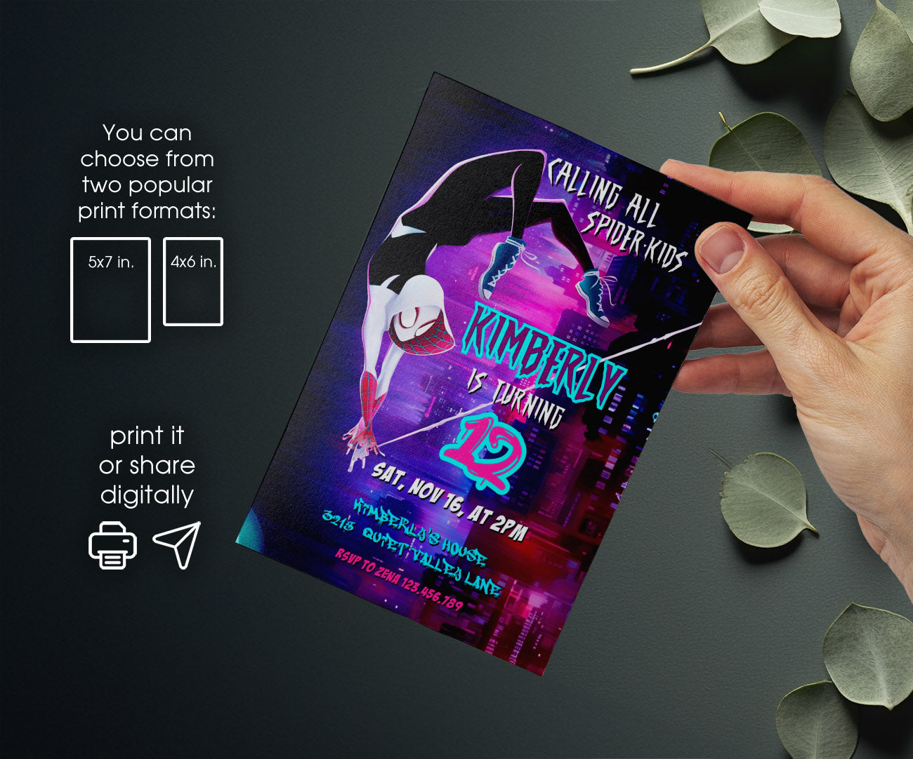 Spider Gwen Ghost Spidey customizable invitation template | Share or Print | girl | HC240