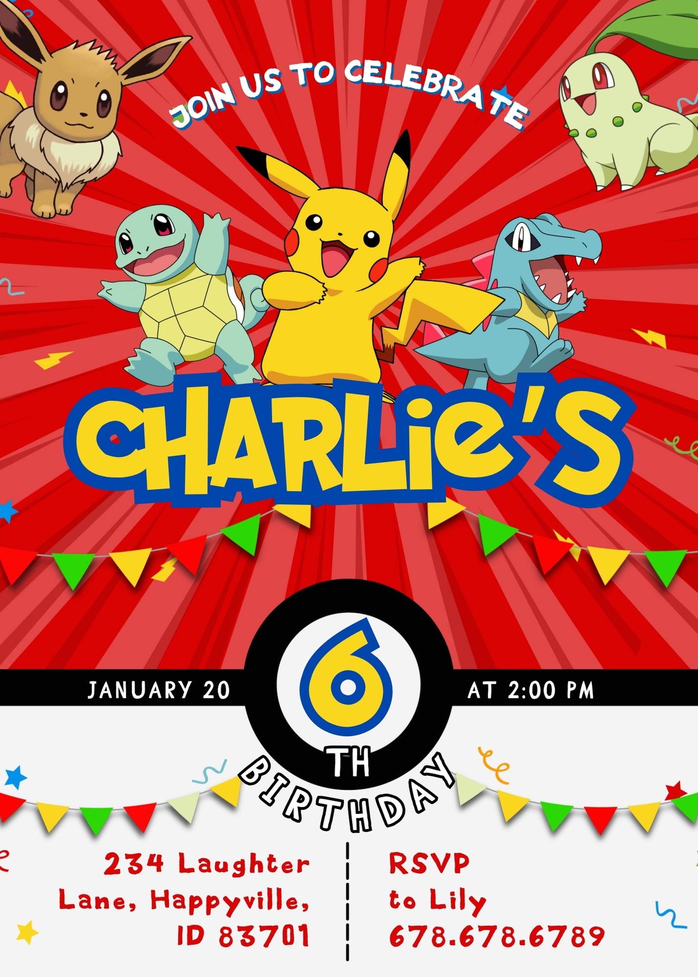 Pokemon Pikachu customizable invitation template | Share or Print | WK762