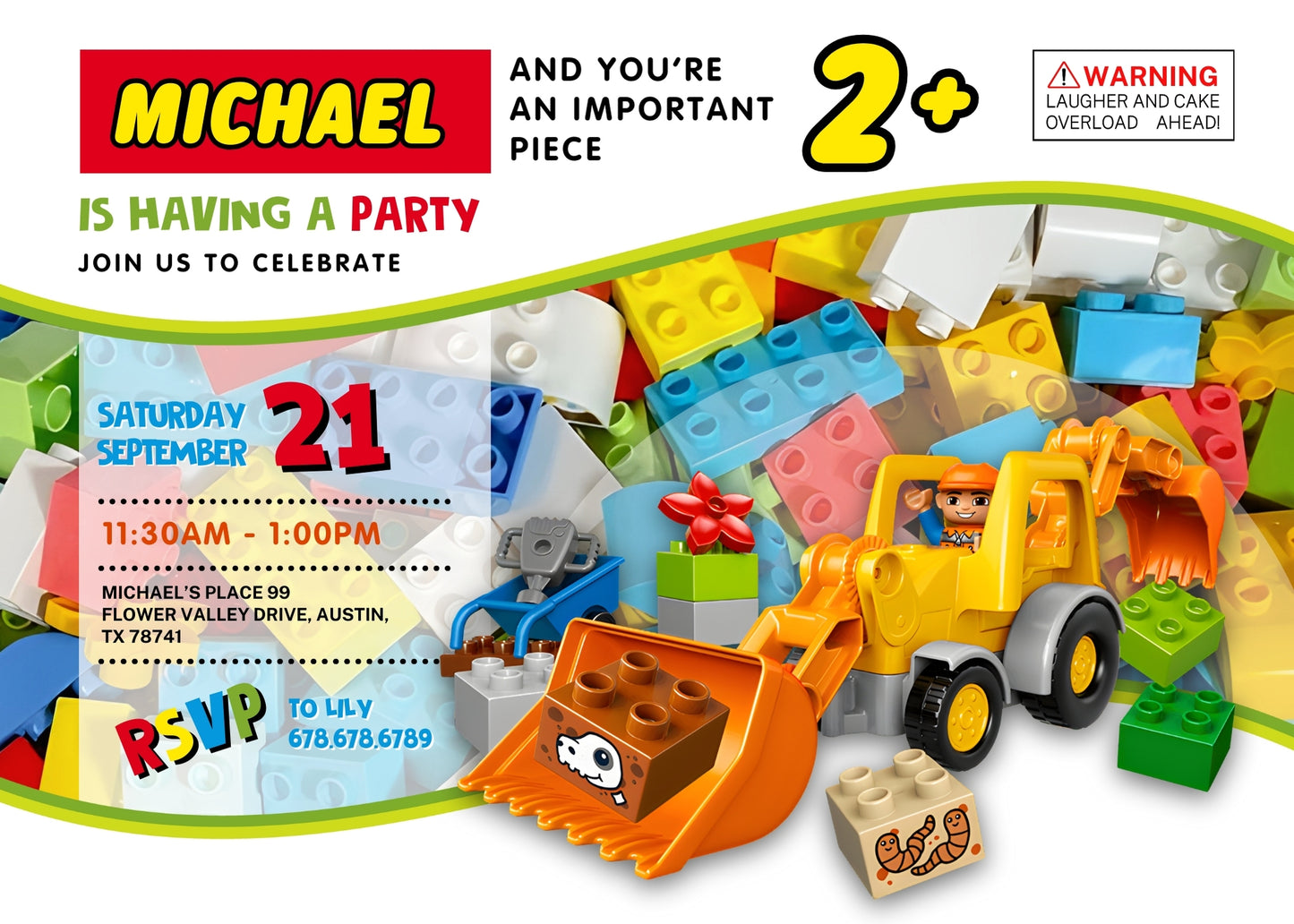 Lego Duplo Excavator customizable invitation template | Share or Print | AE340