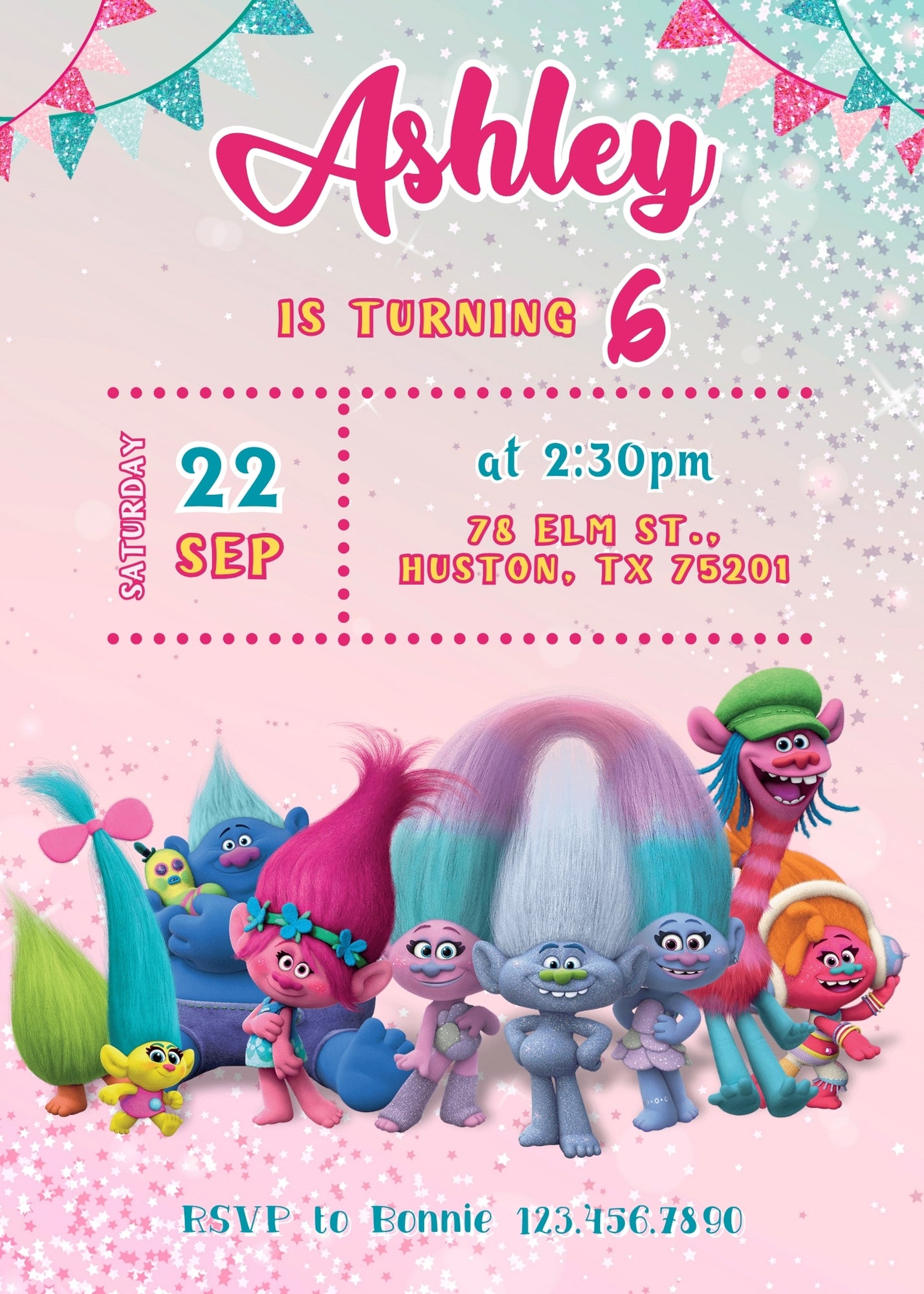 Trolls Poppy customizable invitation template | Share or Print | MB319