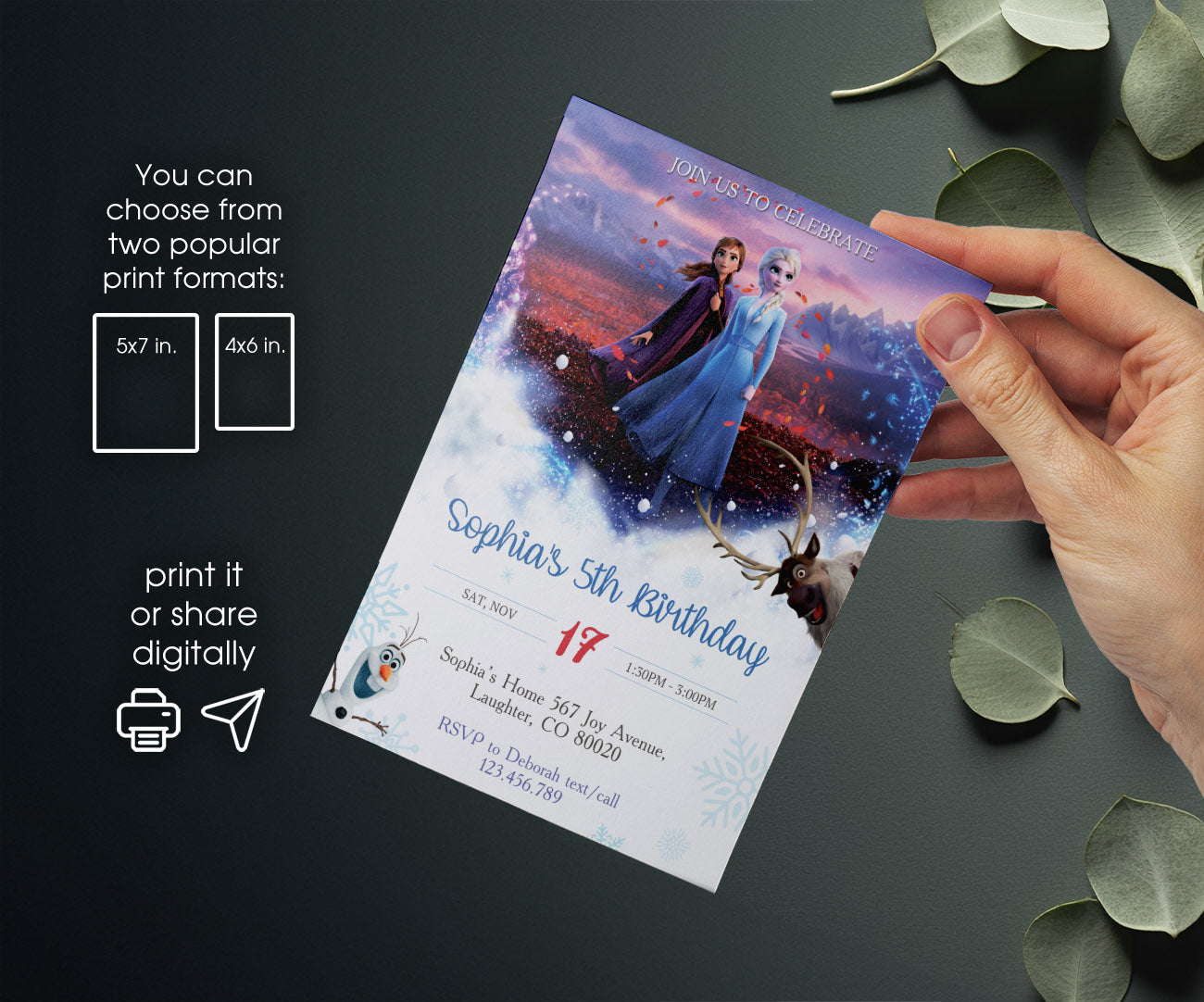 Frozen Elsa customizable invitation template | Share or Print | girl | YR642