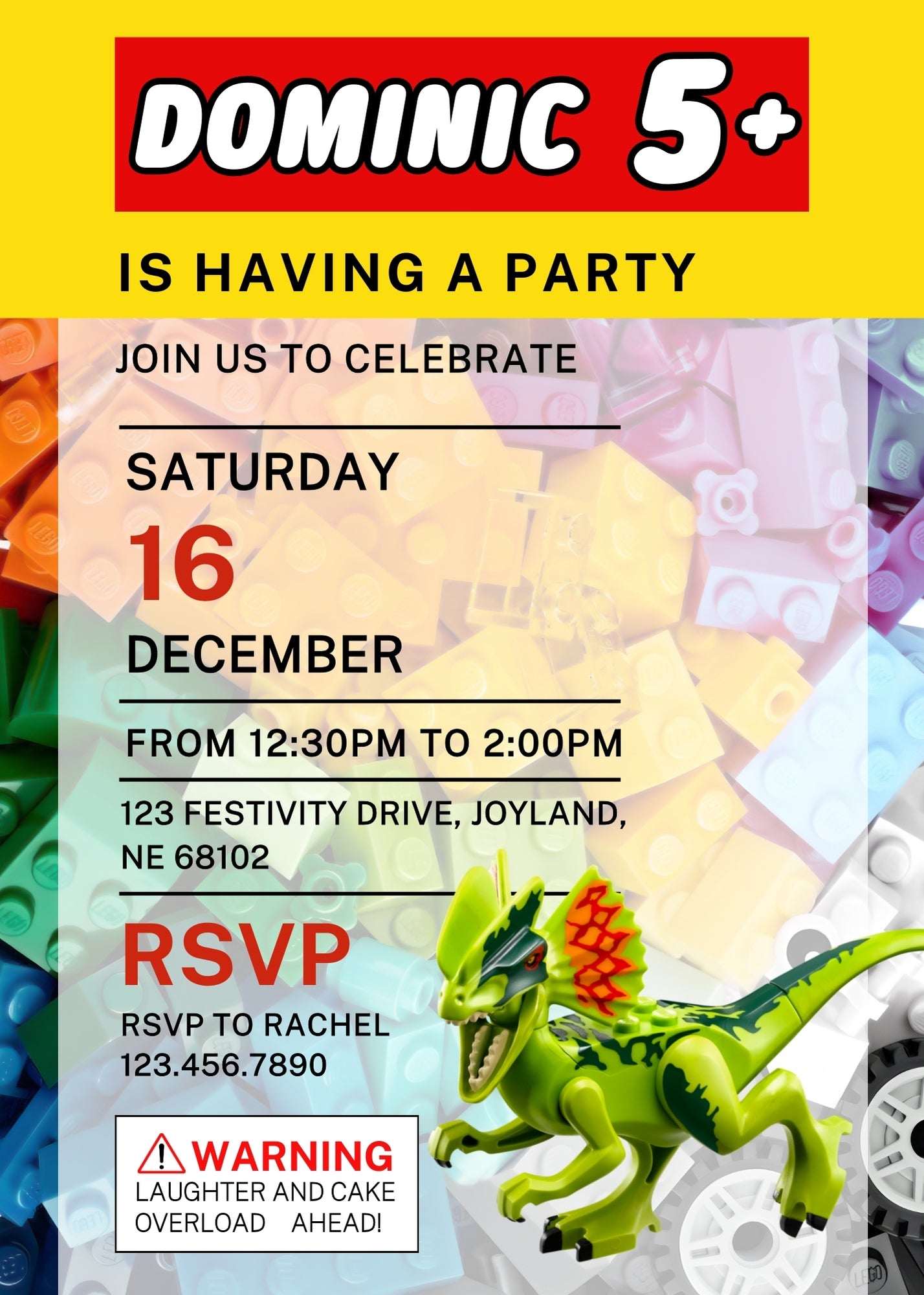 Lego Dinosaur T-Rex customizable invitation template | Share or Print | PB430