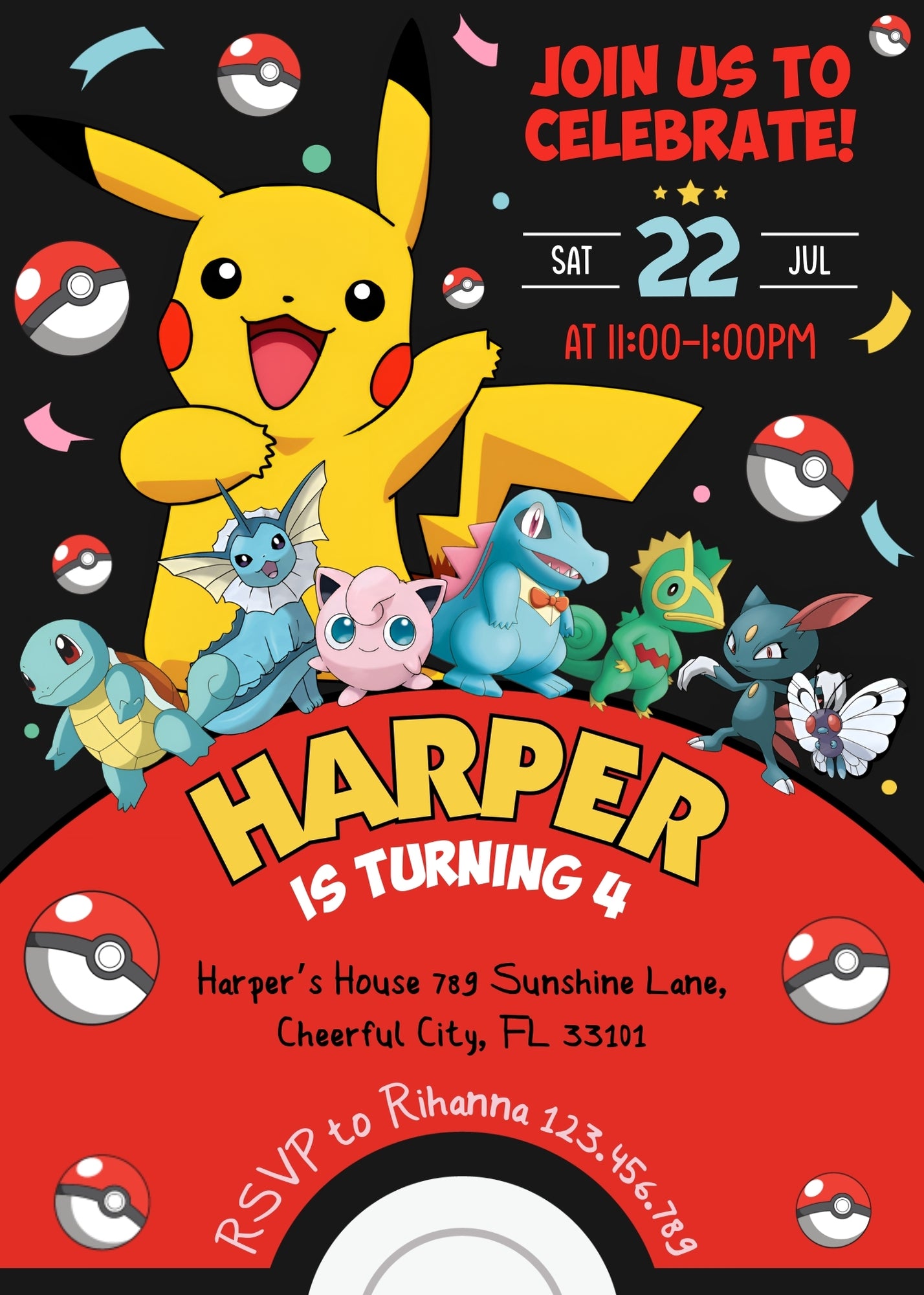 Pokemon Pikachu customizable invitation template | Share or Print | BW383