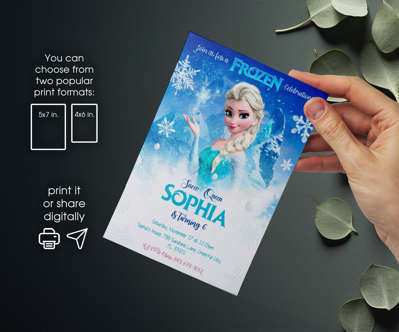 Frozen Elsa customizable invitation template | Share or Print | girl | DS899