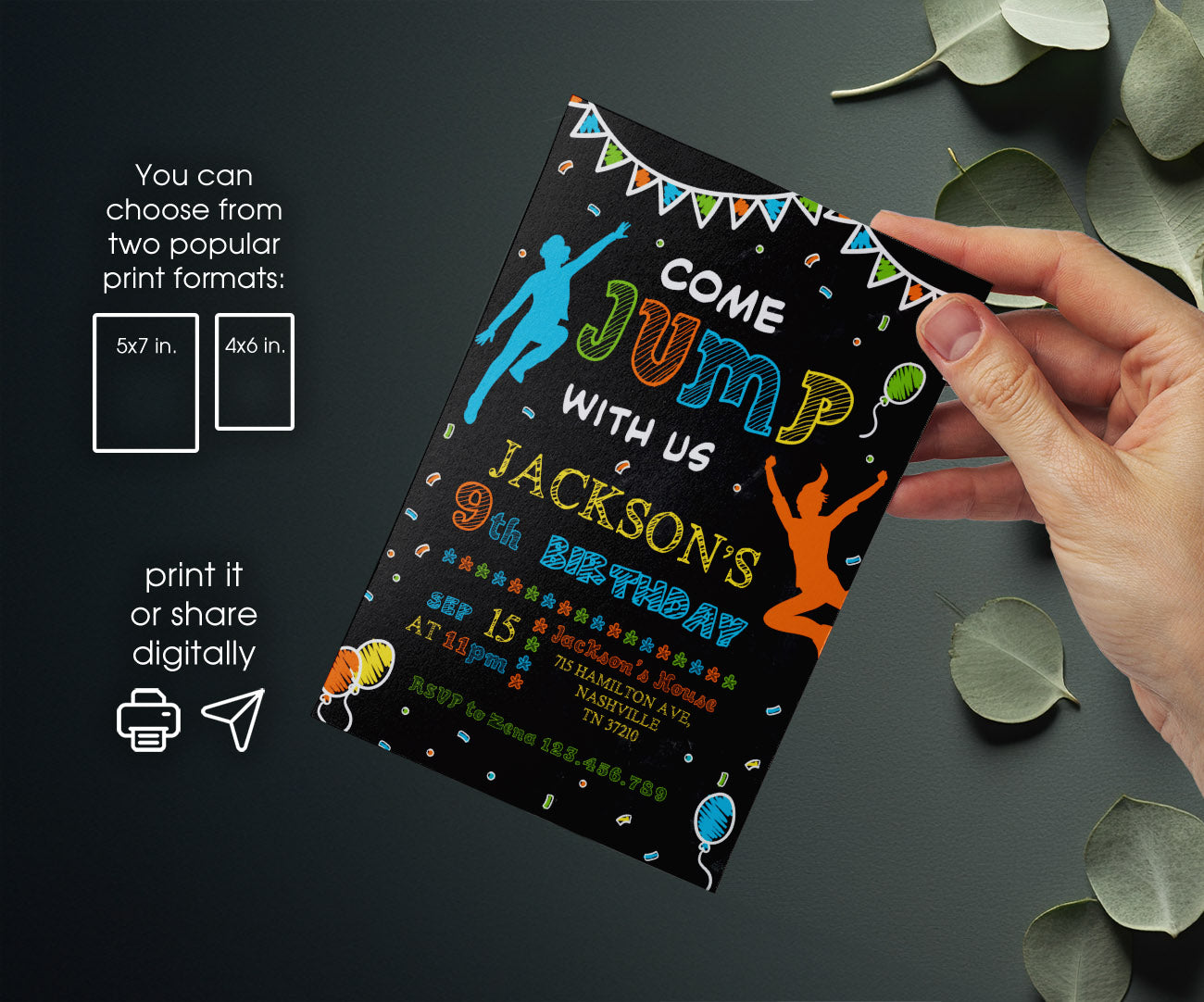 Trampoline Jump Party customizable invitation template | Share or Print | RU314