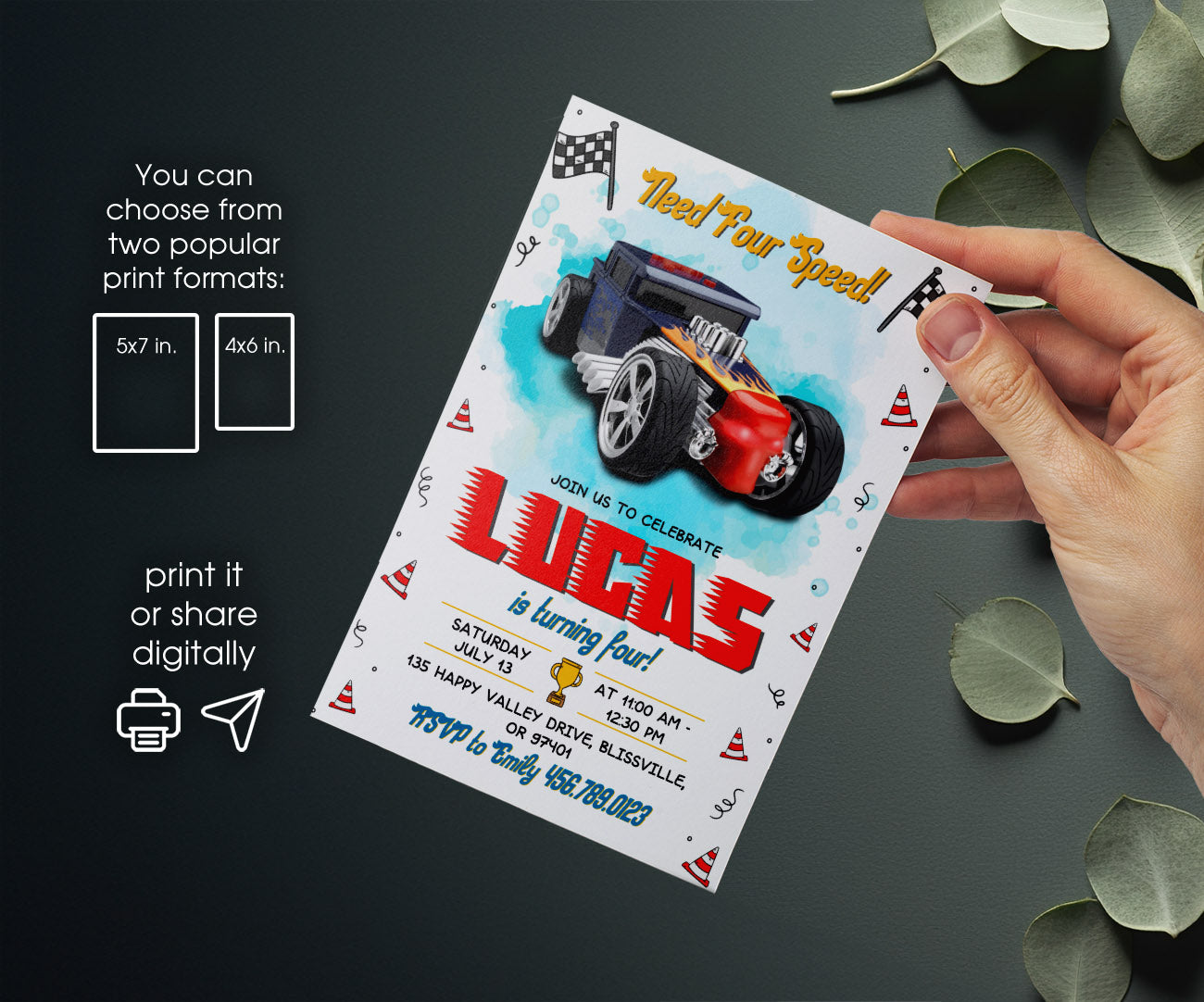 Hot Wheels Need Four Speed customizable invitation template | Share or Print | boy | CA585