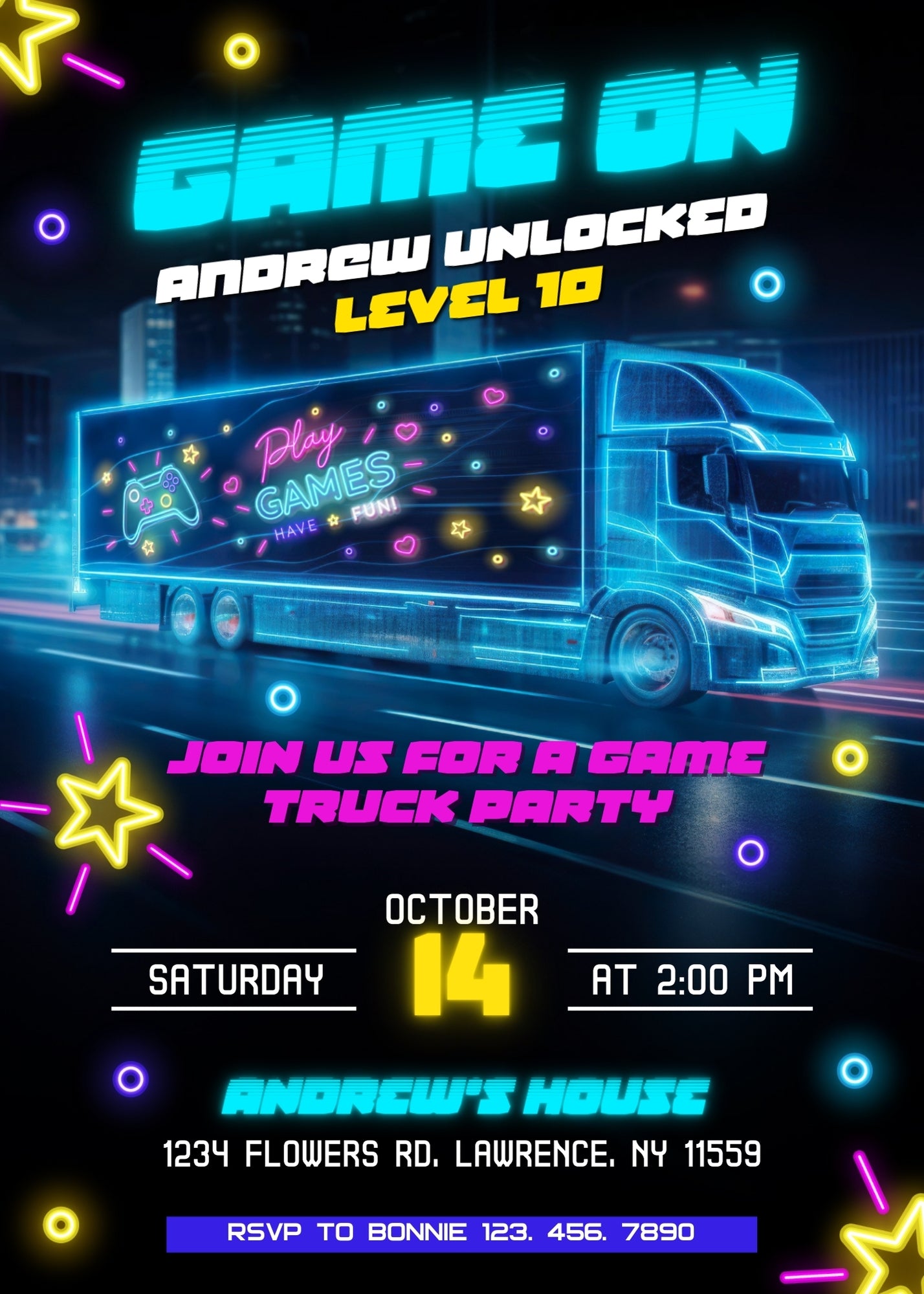 Video Game Bus Gamer customizable invitation template | Share or Print | boy | VB419