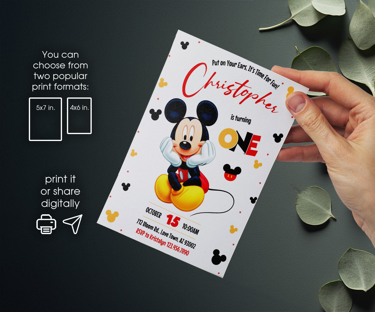 Mickey Mouse 1st Birthday customizable invitation template | Share or Print | GW882