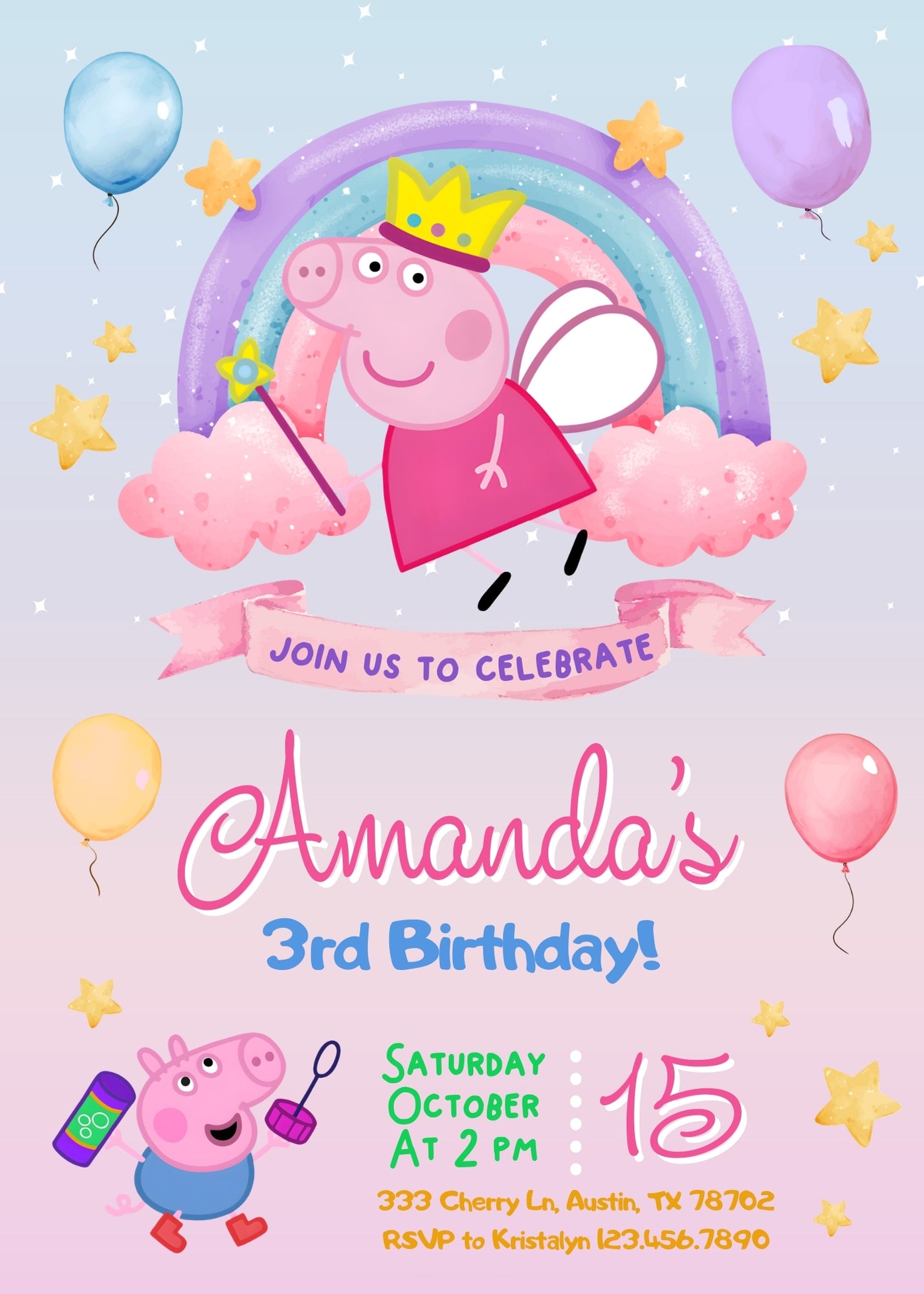 Peppa Pig customizable invitation template | Share or Print | girl | JS145