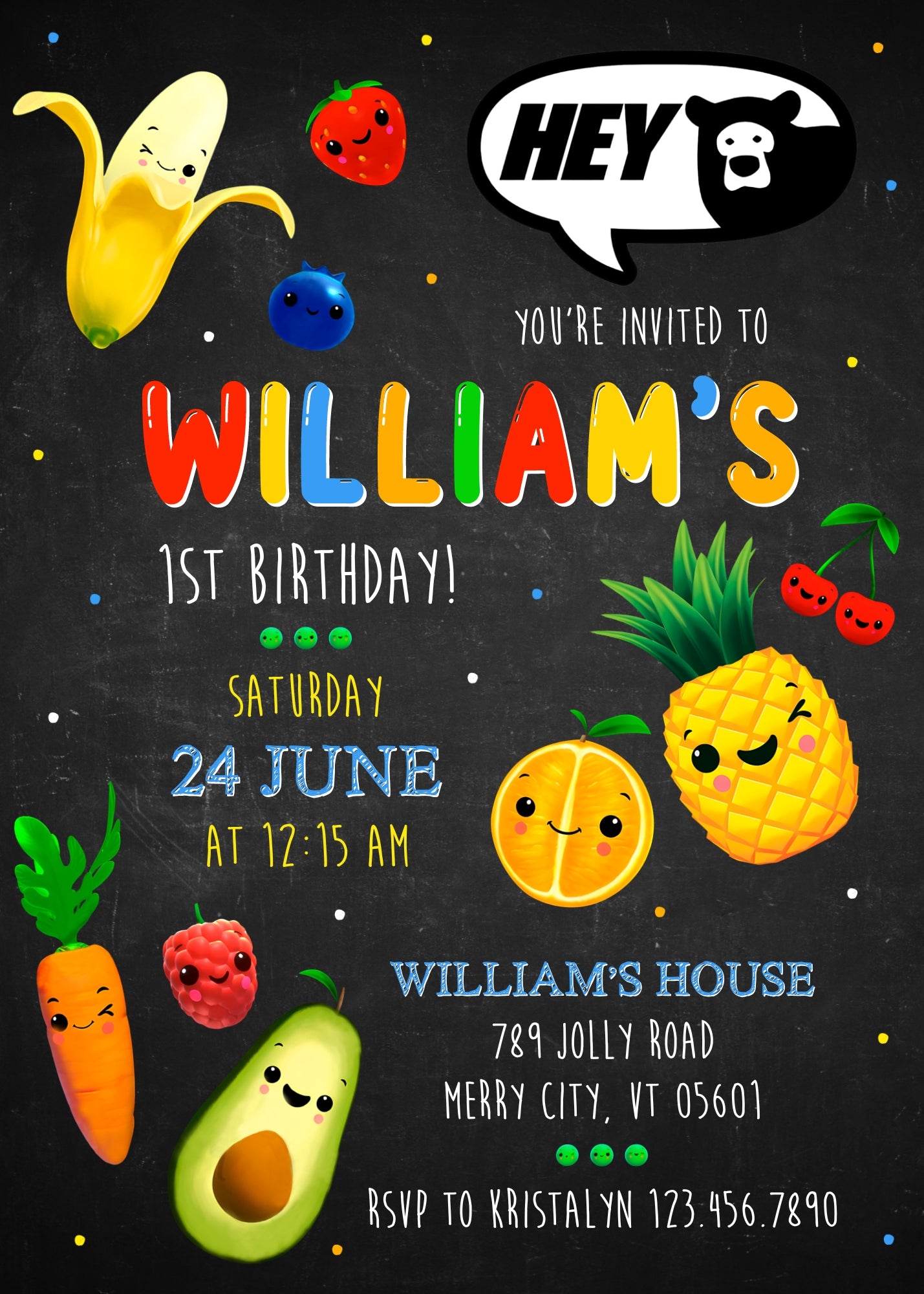Hey Bear Sensory Dancing Fruits customizable invitation template | Share or Print | MY779