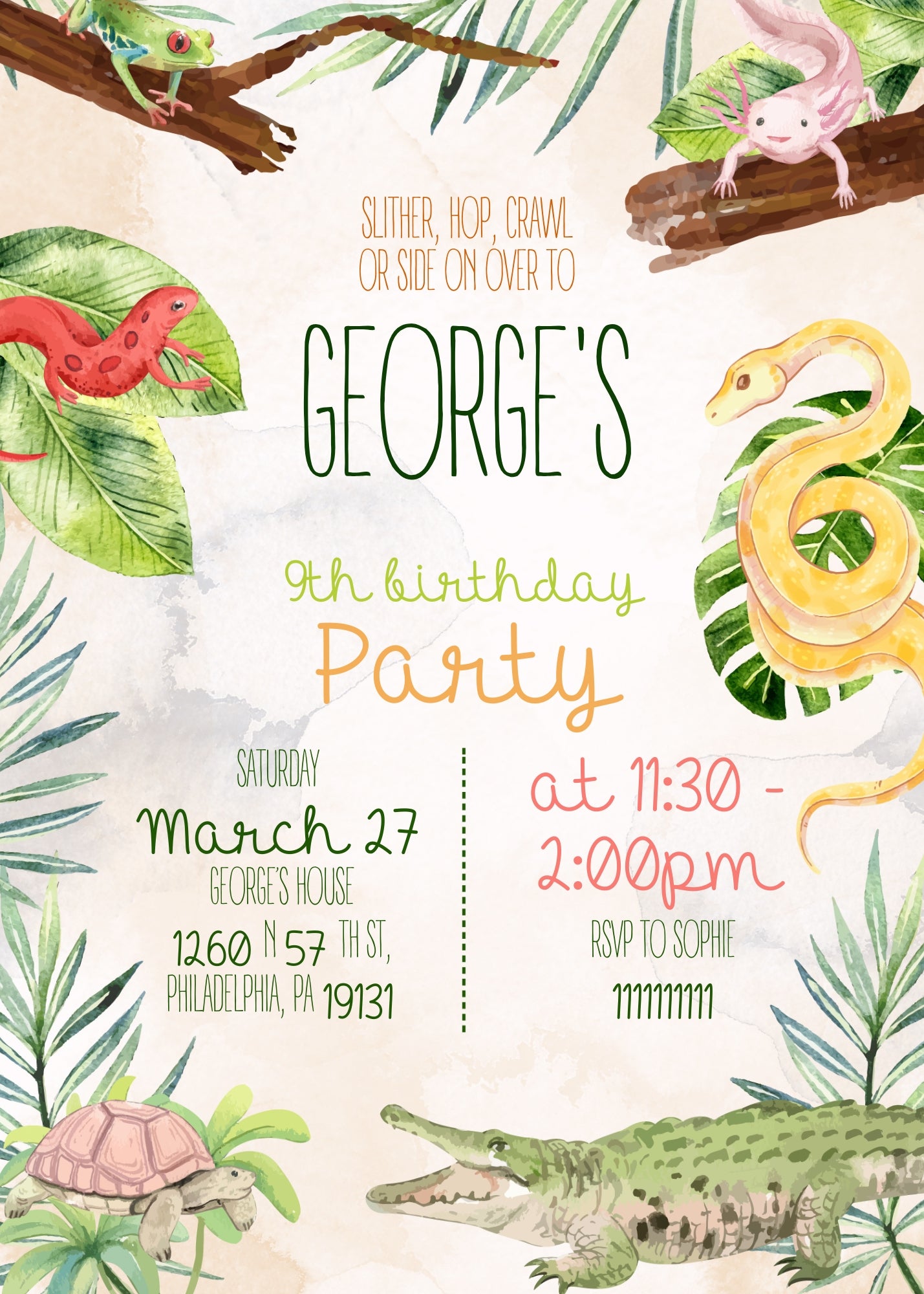Reptile Lizard Snake customizable invitation template | Share or Print | UX208