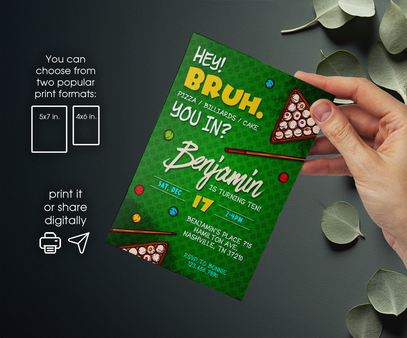 Bruh Billiard customizable invitation template | Share or Print | boy | UP811
