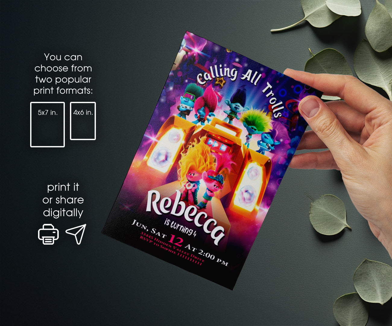 Trolls Poppy customizable invitation template | Share or Print | GN233