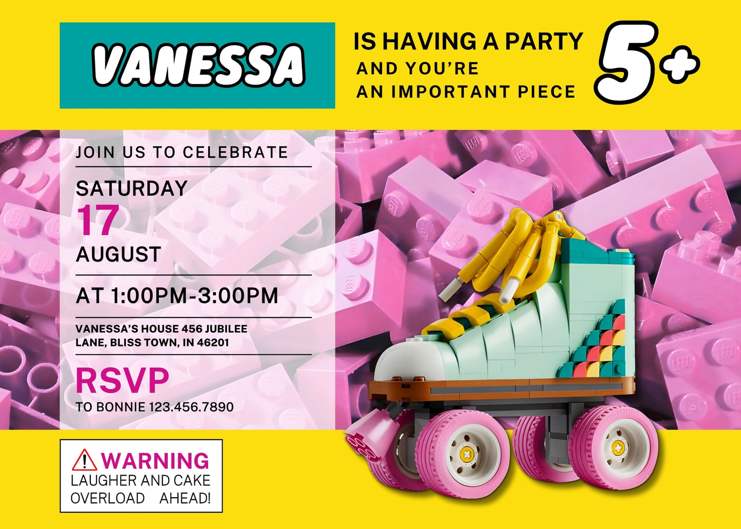 Lego Retro Roller Skate customizable invitation template | Share or Print | girl | KV160