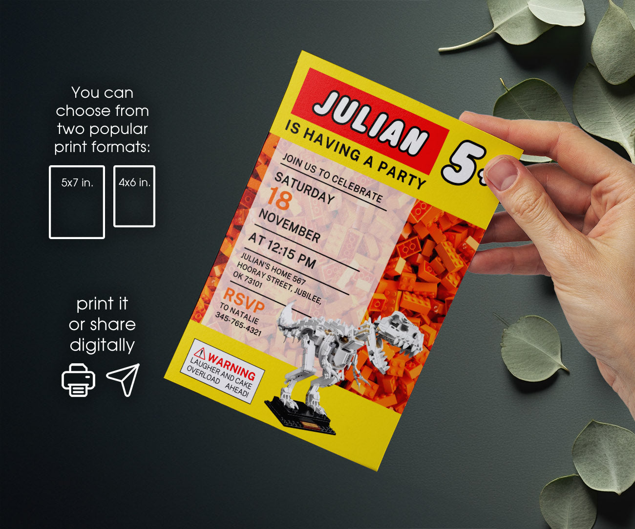 Lego Dinosaur T-Rex customizable invitation template | Share or Print | UW564