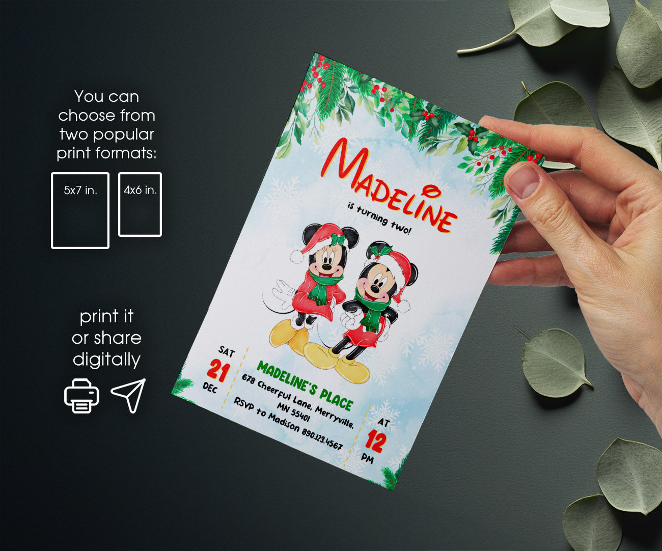 Mickey Mouse Christmas customizable invitation template | Share or Print | DM083