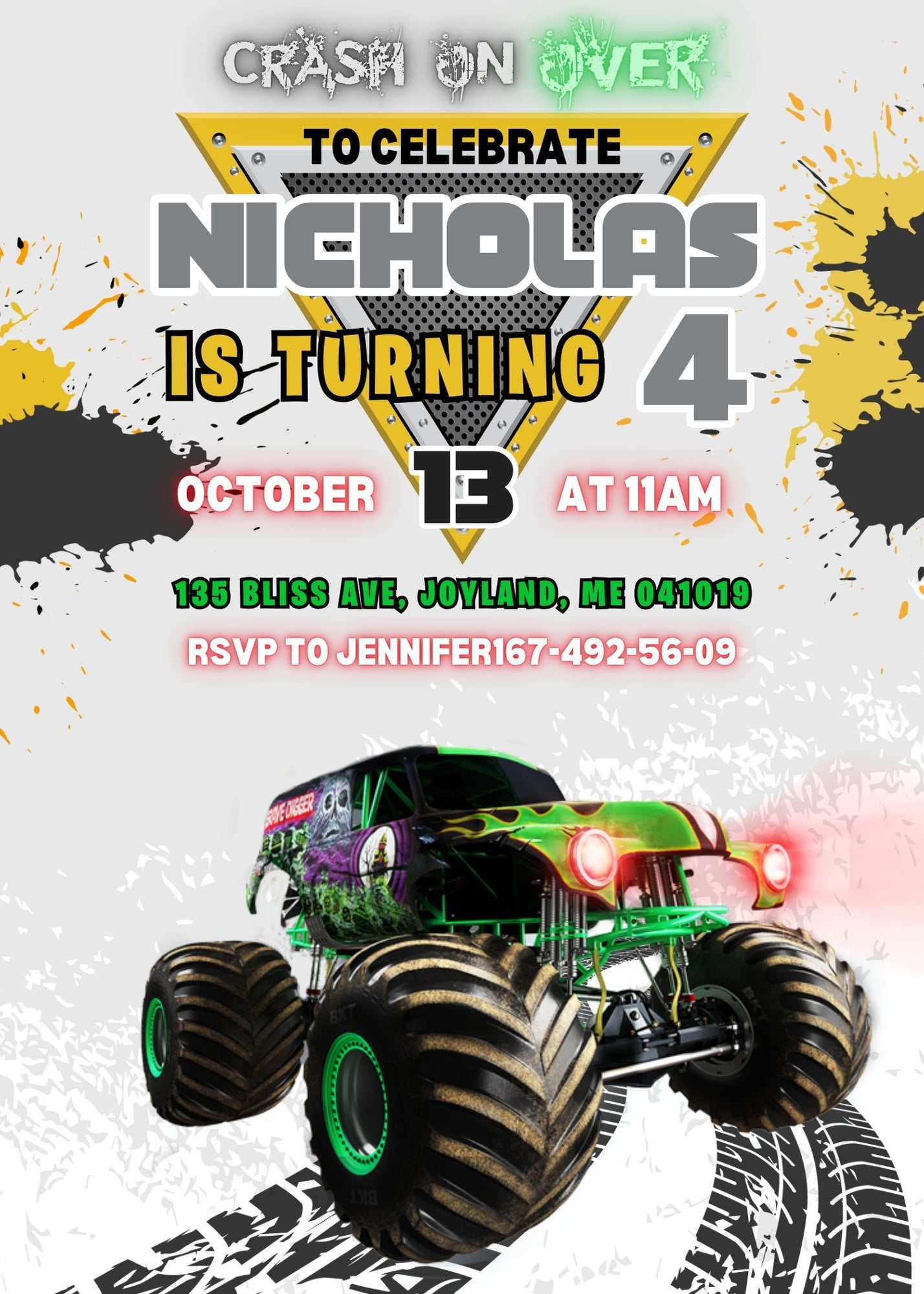 Garve Digger Monster Jam Truck customizable invitation template | Share or Print | boy | TI449