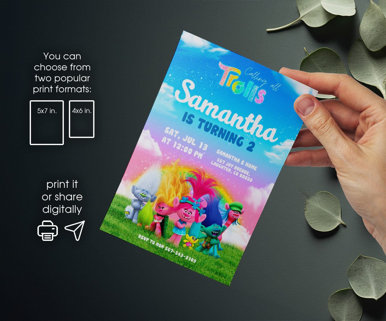 Trolls Poppy customizable invitation template | Share or Print | KD152