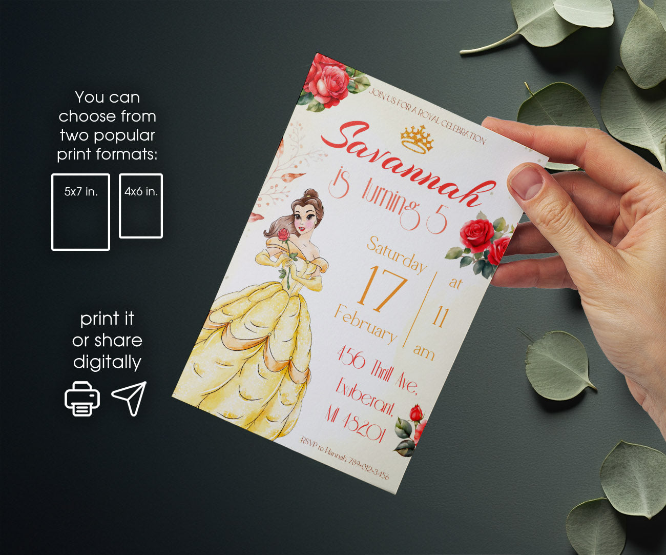 Belle Beauty And The Beast customizable invitation template | Share or Print | girl | OC369